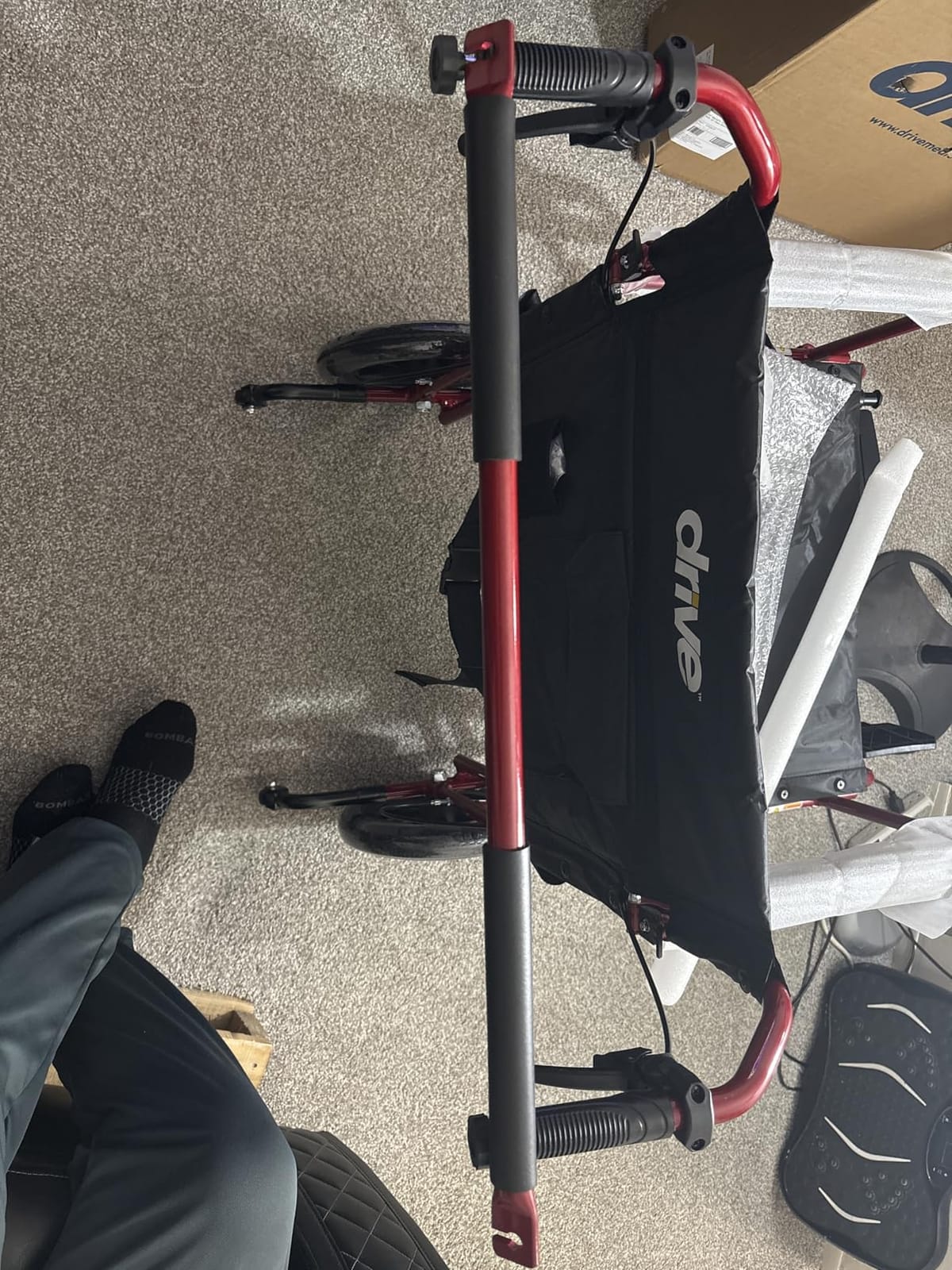 Drive Medical Bariatric Transport Chair Folding Outdoor Full Length Arms with 12 Inches Rear Flat Free Wheels, Red, 22 Inches customer photo 1