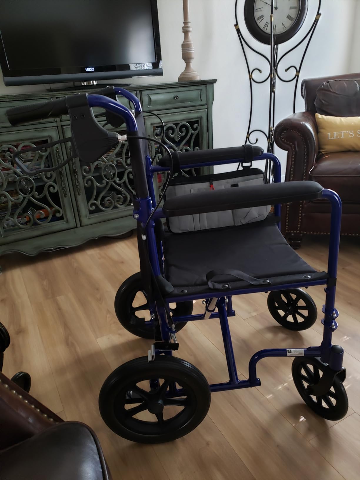 Medline Lightweight Foldable Transport Wheelchair with Handbrakes and 12-Inch Wheels, Red Frame, Black Upholstery customer photo 2