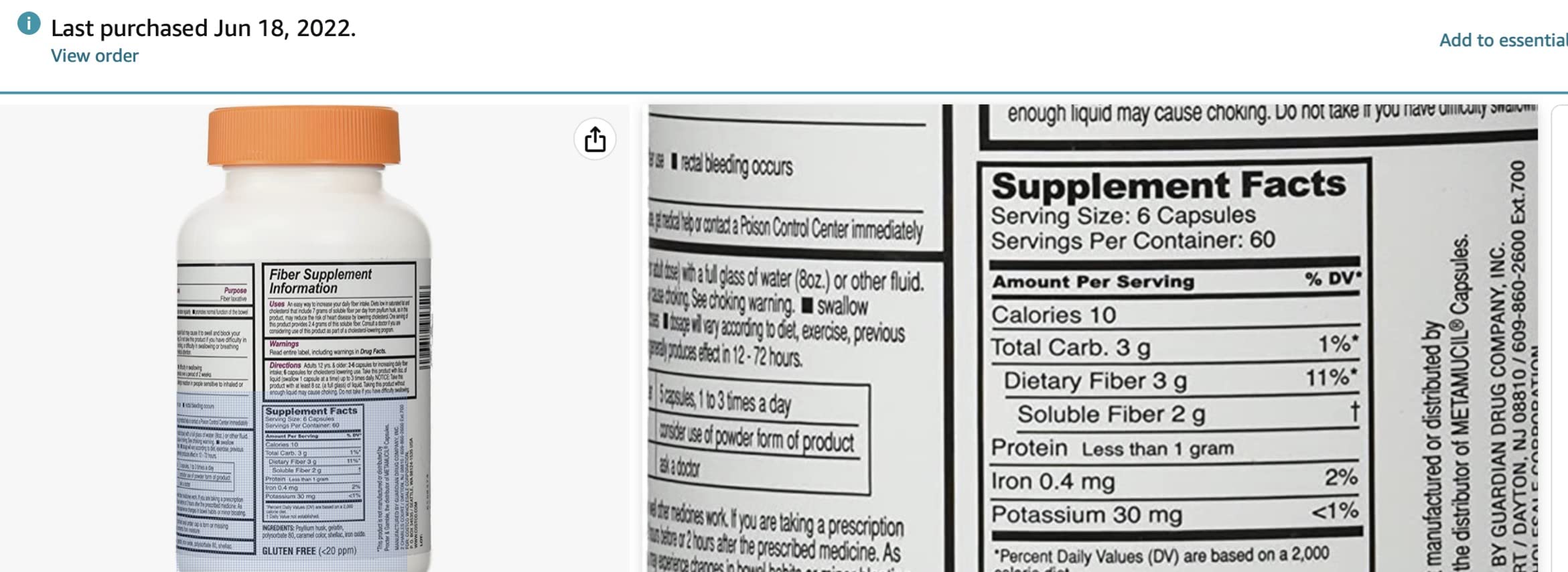 Fiber Capsules Kirkland Therapy for Regularity/Fiber Supplement, 360 capsules - Compare to the Active Ingredient in Metamucil Capsules customer photo 2