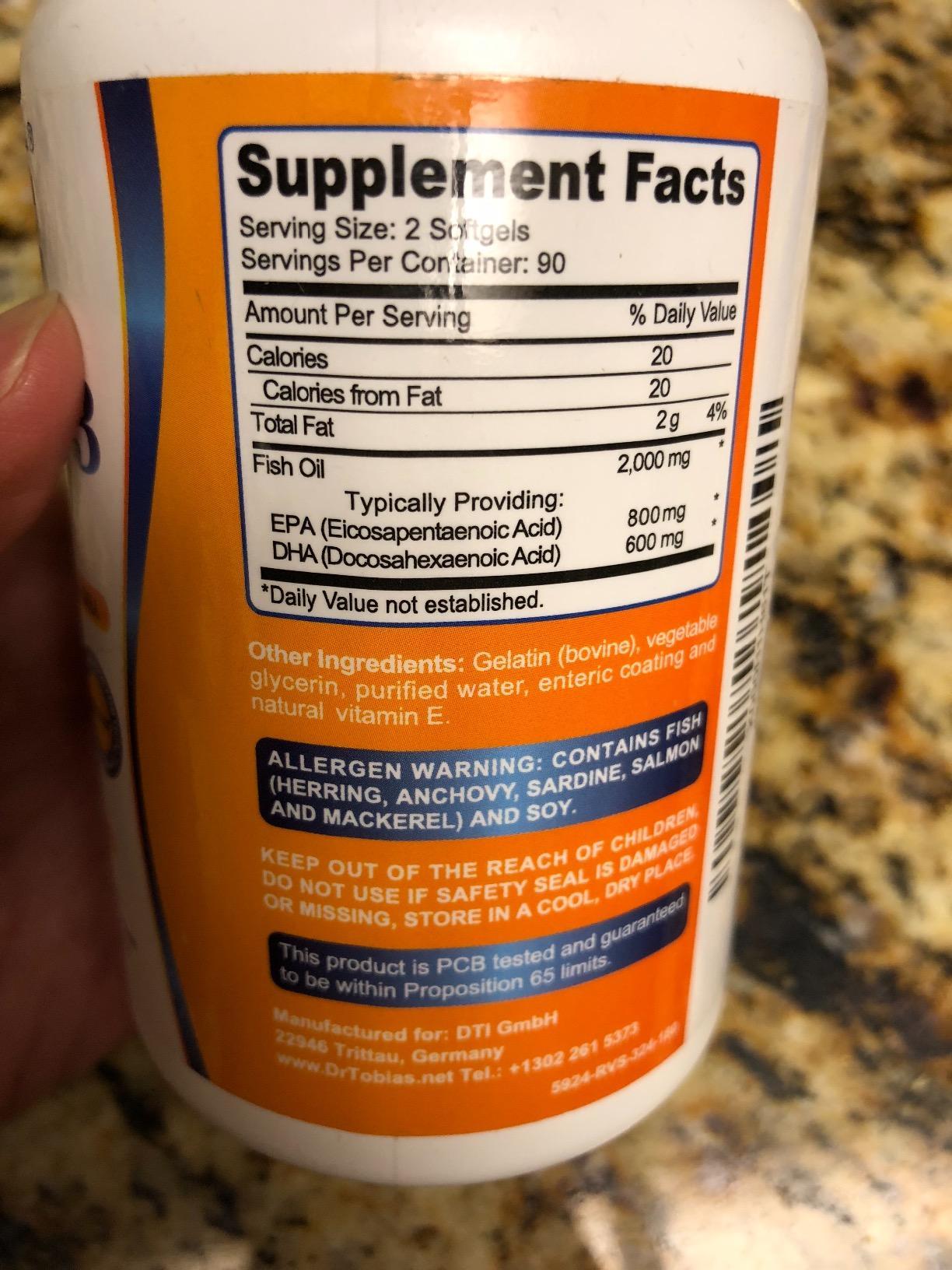 Dr. Tobias Omega 3 Fish Oil 2000mg Triple Strength | 180 Softgels | Heart, Brain & Joint Support | 2,000 mg Fish Oil | 800 mg EPA + 600 mg DHA | Delayed Release Omega 3 Supplement customer photo 2