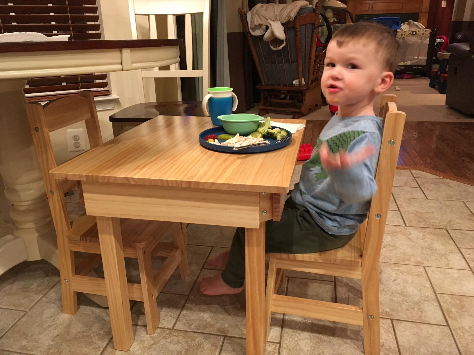 Melissa & Doug Solid Wood Kids Table and Chairs (2), Premium Quality Wooden Toddler Table and Chair Set for Kids Playroom Furniture & Montessori Classroom Furniture for Boys & Girls Ages 3+ | 3-Piece Natural Wooden Furniture Set customer photo 2
