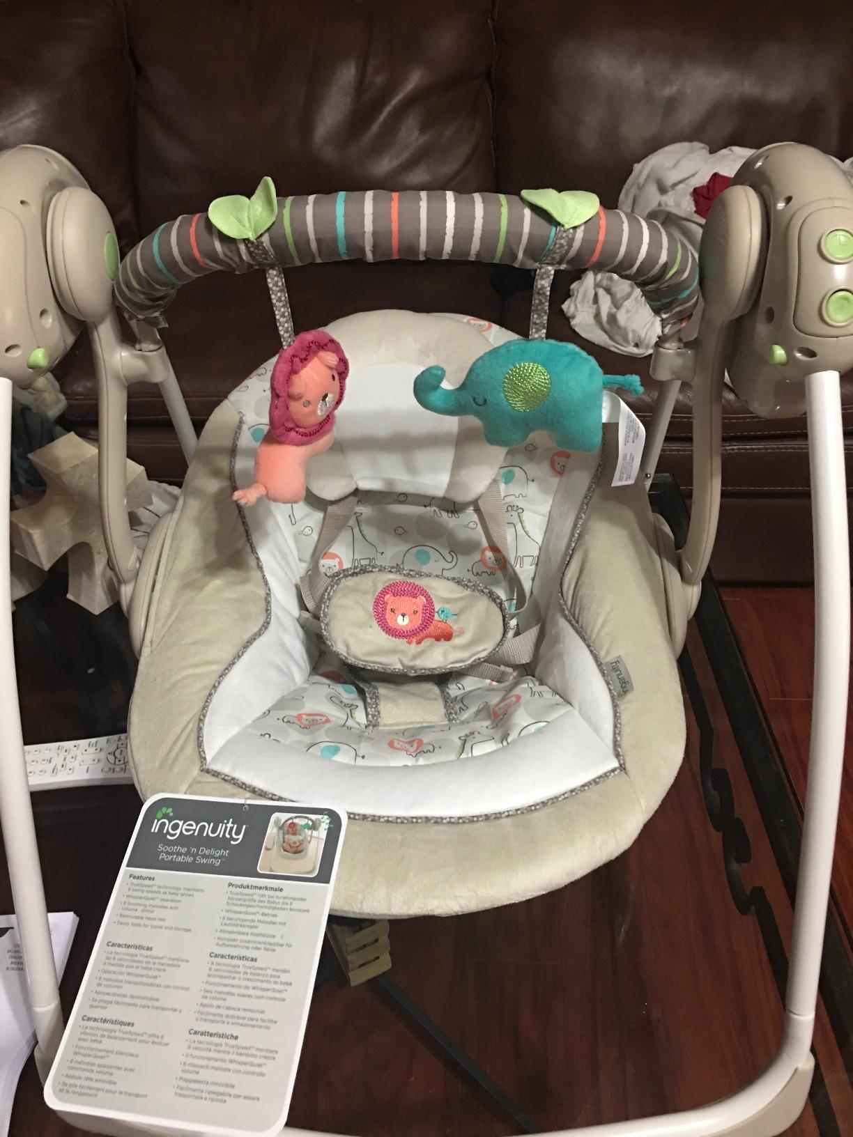 Ingenuity Soothe 'n Delight Compact Portable 6-Speed Plush Baby Swing with Music, Folds Easy, 0-9 Months 6-20 lbs (Cozy Kingdom) customer photo 1
