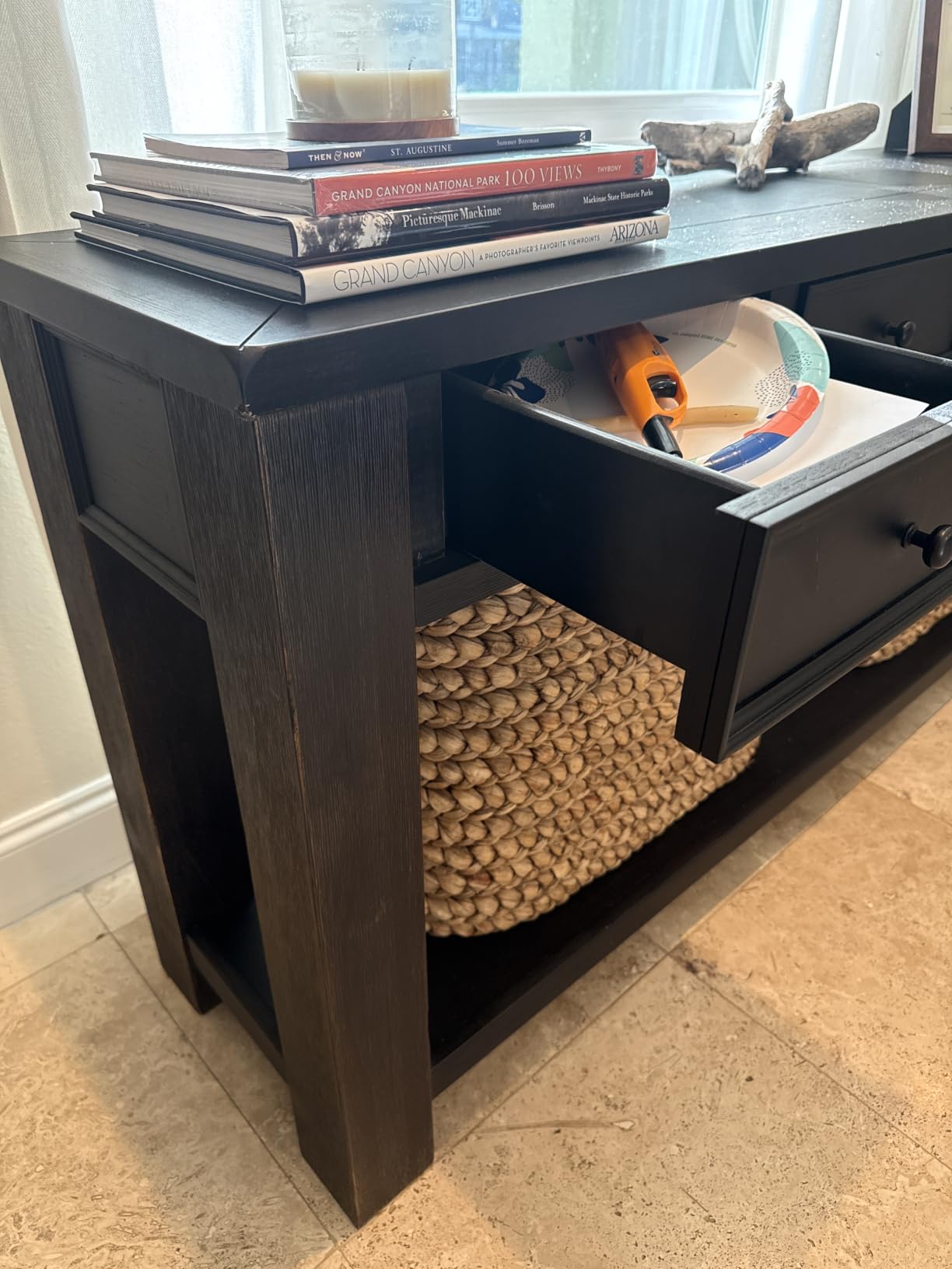 Signature Design by Ashley Gavelston Sofa Table, Couch Table with Drawers & Shelf, Hand-Finished Wood Console for Living Room or Entryway, Weathered Black customer photo 2