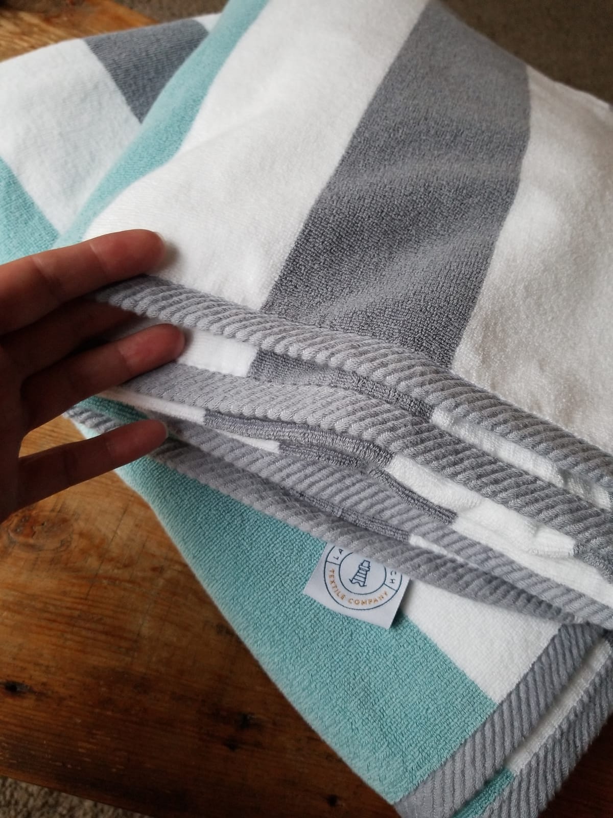 Laguna Beach Textile Co. Striped Cabana Beach Towel - Oversized, Plush 630 GSM Cotton - Ocean Blue and Almond Beige customer photo 1