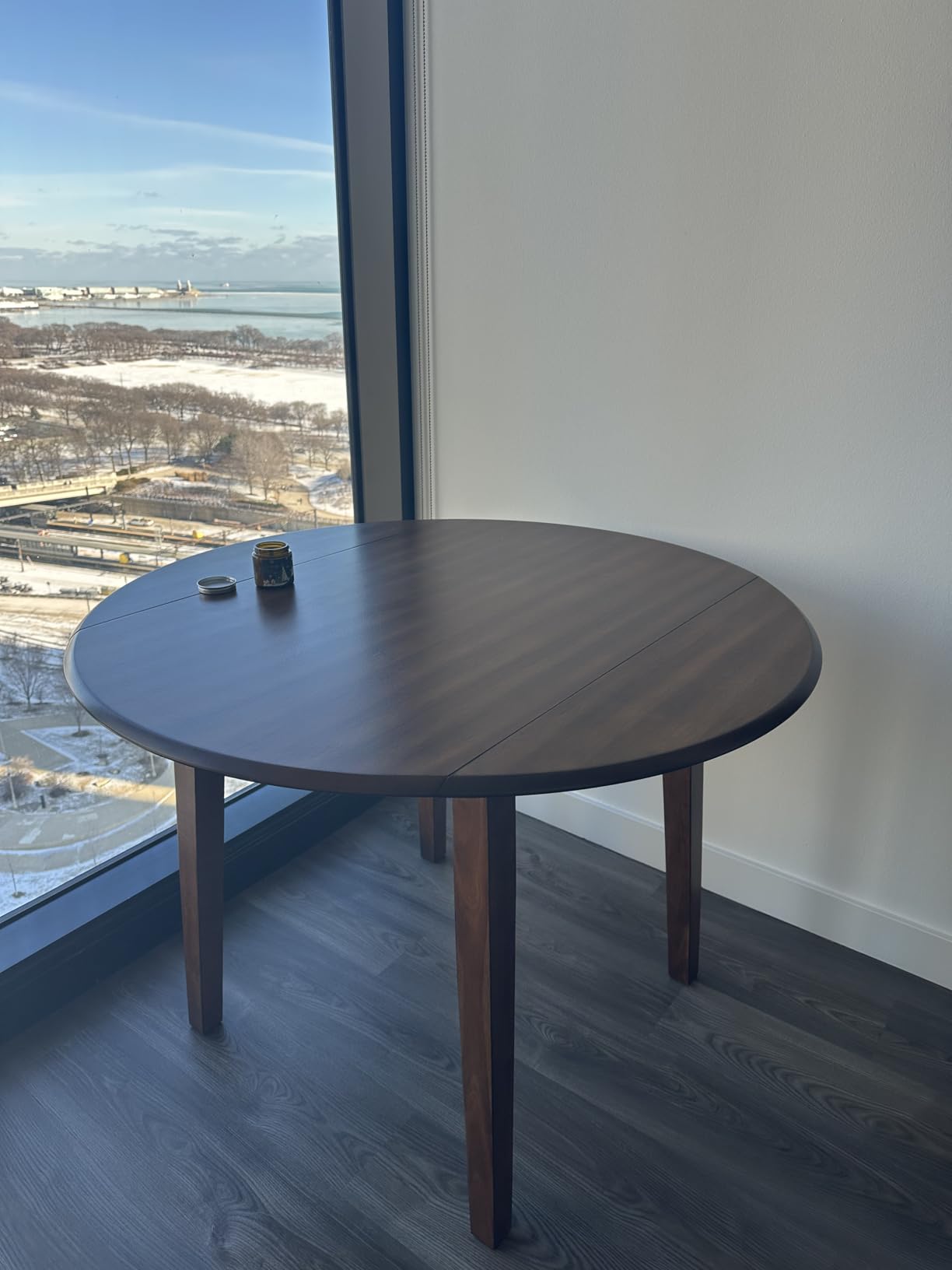Signature Design by Ashley Small Round Drop Leaf Dining Table, Brown | Dual-hinged 36-inch extendable top for compact spaces, Made of veneers, wood and engineered wood, Hammis Series customer photo 2