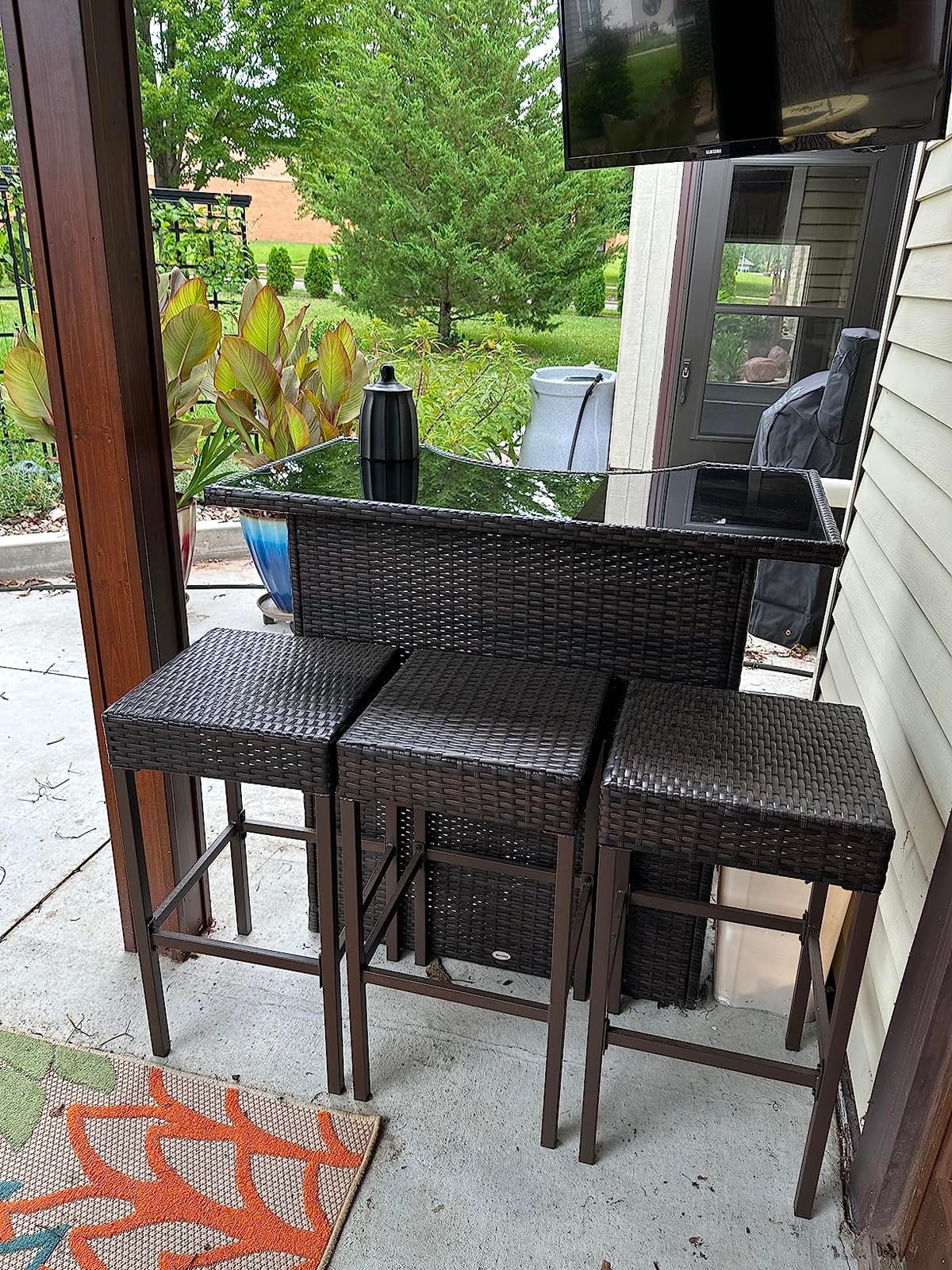 Outsunny 5 Pcs Rattan Wicker Bar Set, High Top Outdoor Table and Chairs, Bar Height Patio Set with Glass Table Top 2 Tier Storage Shelf, and 4 Bar Stools for Garden, Poolside, Dark Brown customer photo 1