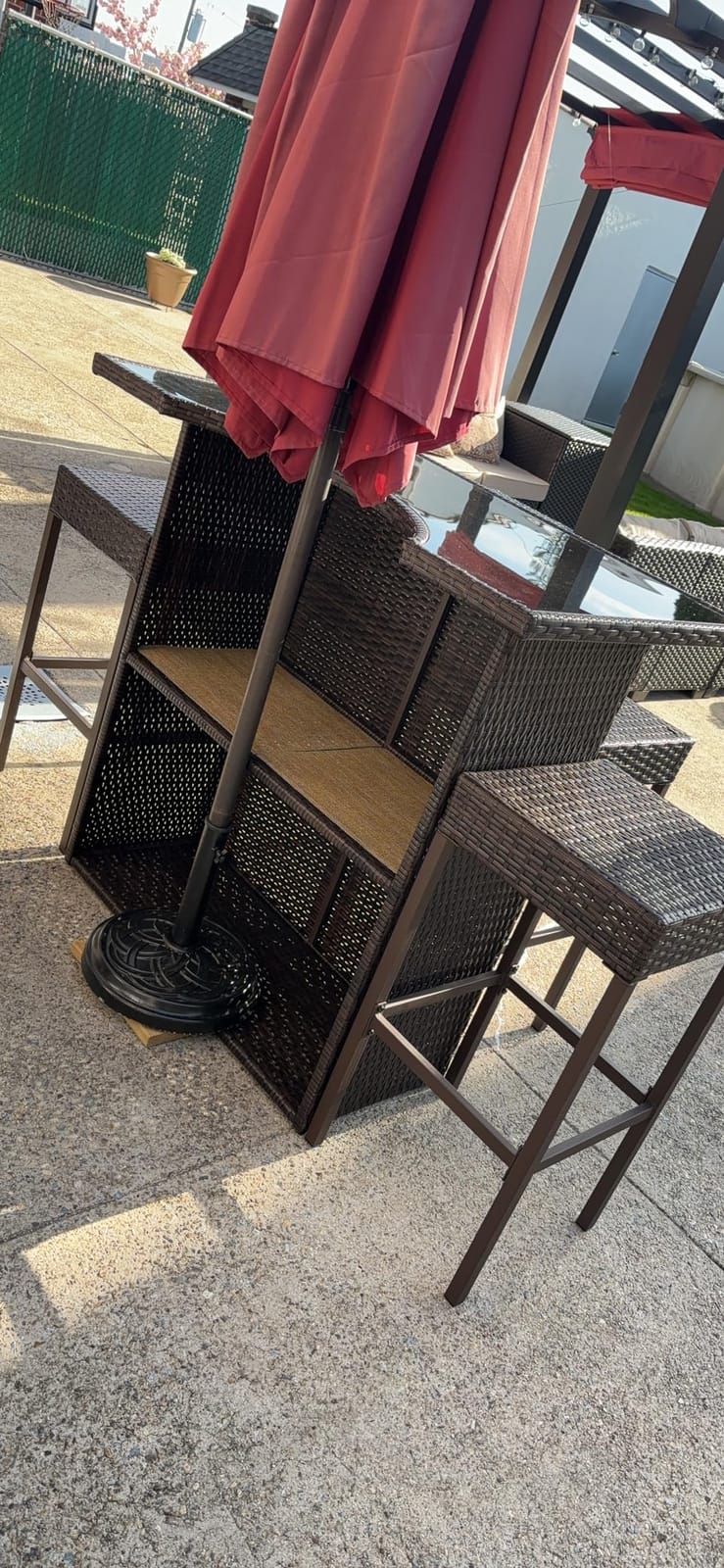 Outsunny 5 Pcs Rattan Wicker Bar Set, High Top Outdoor Table and Chairs, Bar Height Patio Set with Glass Table Top 2 Tier Storage Shelf, and 4 Bar Stools for Garden, Poolside, Dark Brown customer photo 2