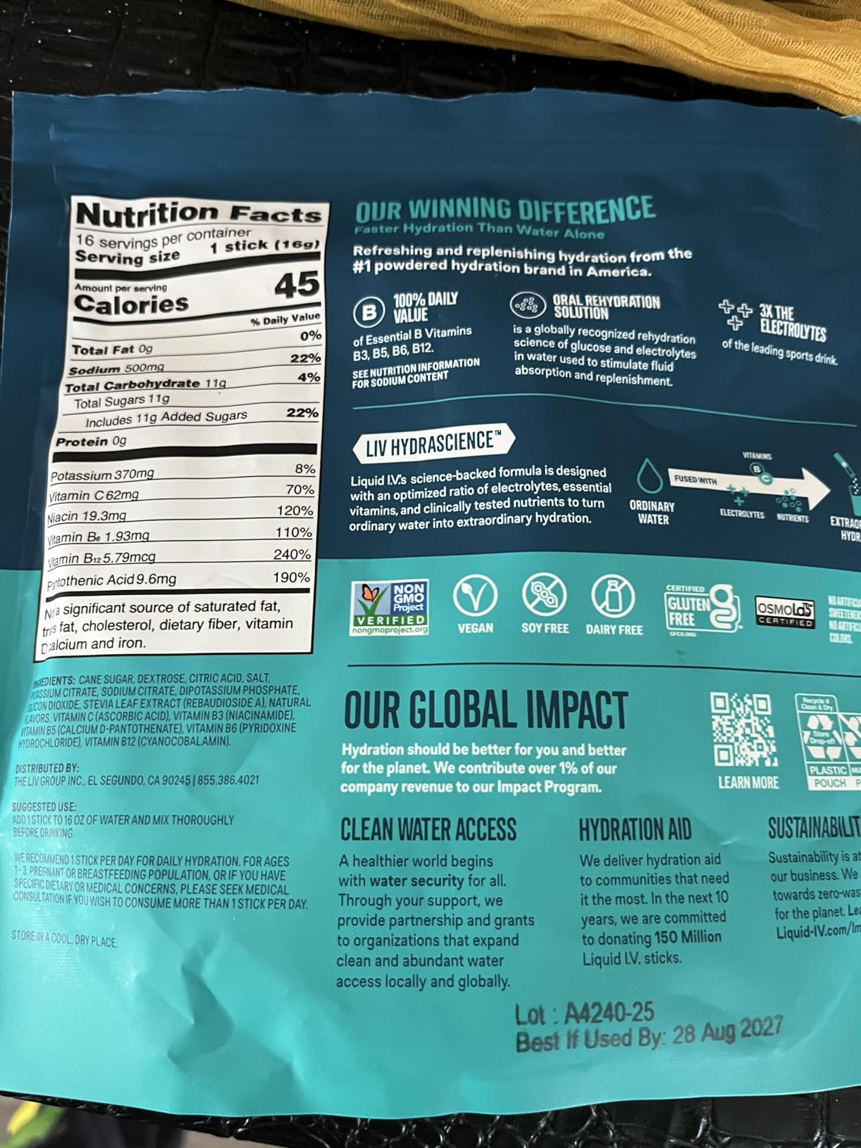 Liquid I.V. Hydration Electrolytes, Lemon Lime, 16 Count - Scientifically Formulated, Clinically Proven Hydration, No Artificial Sweeteners, Non-GMO, Vegan, Powder Drink Mix customer photo 2