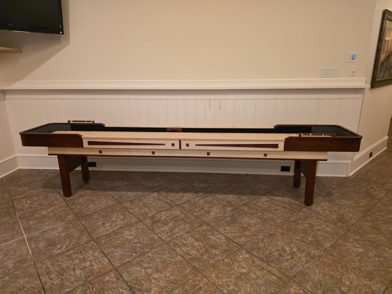 Hathaway Merlot 12 Foot Shuffleboard Table for Family Game Room - with Lacquer Coated Playfield, Built-in Scorer and Cabinet, Climate Adjusters, Leg Levelers, 8 Pucks, Brush, and Wax - Walnut Finish customer photo 1