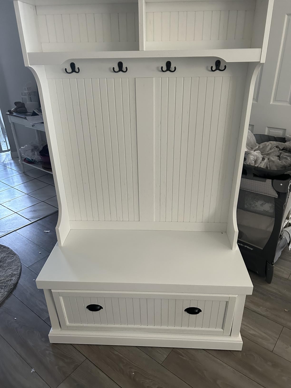Crosley Furniture Seaside Hall Tree, Shoe Rack Bench | Shoe Rack Bench and Hooks for Hanging, Mudroom and Entryway Storage, Distressed White customer photo 1