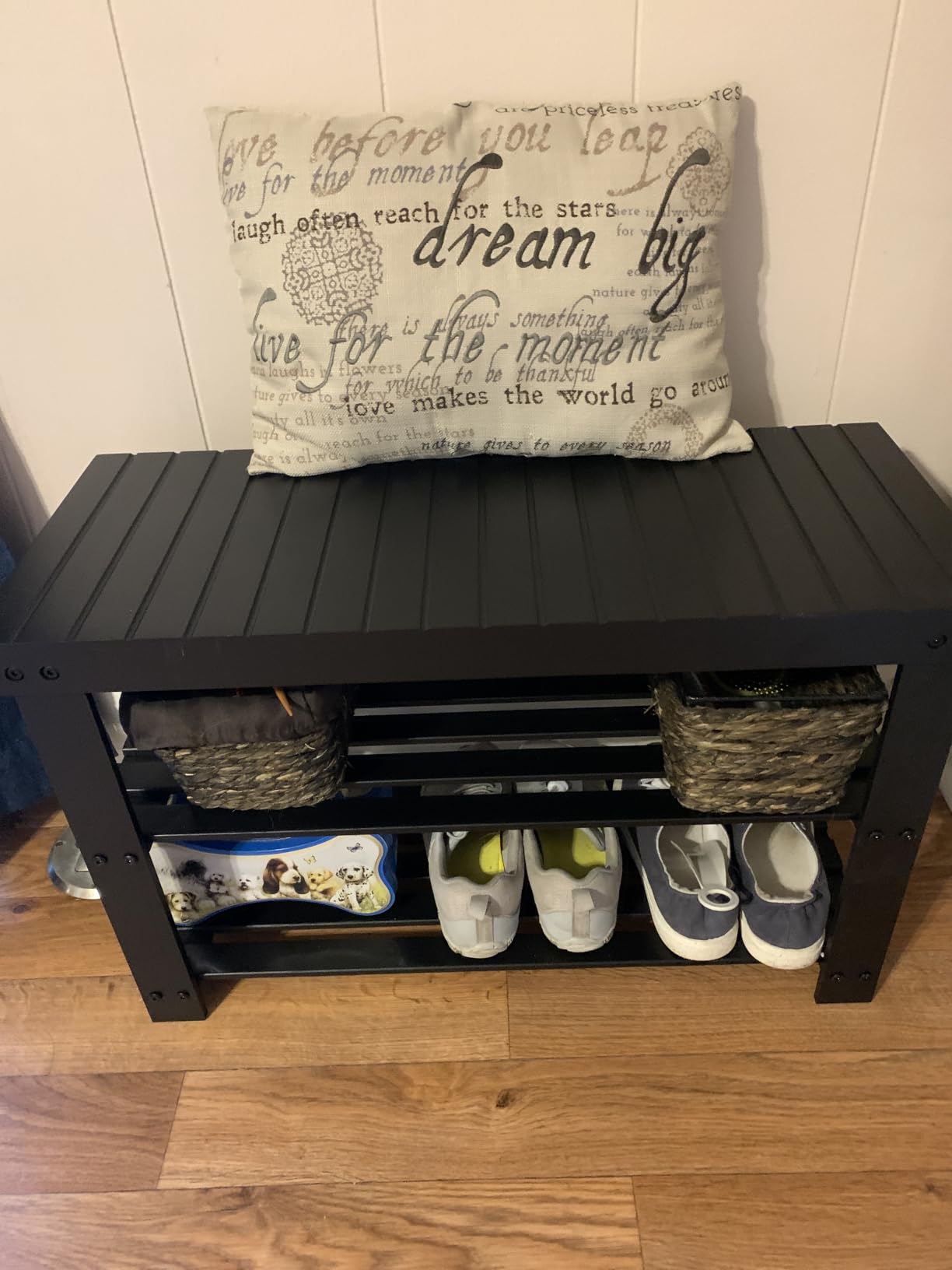 SONGMICS Shoe Rack Bench, 3-Tier Bamboo Entryway Bench, 27.6 Inches Width customer photo 1