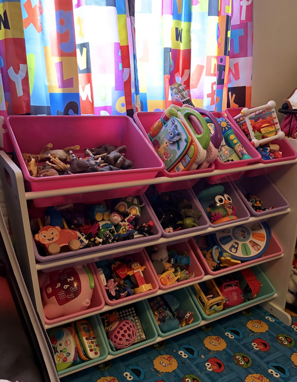 Humble Crew Kids Toy Organizer with 16 Bins, 4 Tier Storage for Playroom | Sturdy wood and steel toddler shelf, removable BPA-free containers, wall anchor anti-tip safety kit for bedroom or classroom customer photo 1