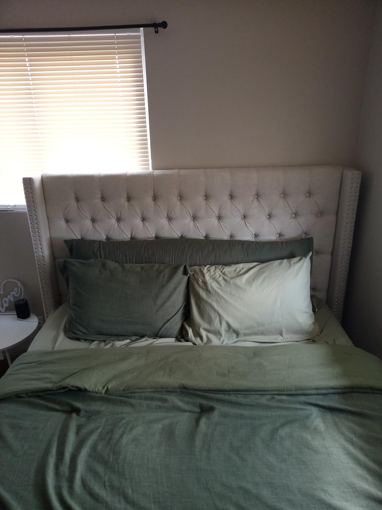 Madison Park Amelia Upholstered Headboard | Nail Head Trim Wingback Button Tufted | Queen, Cream customer photo 1