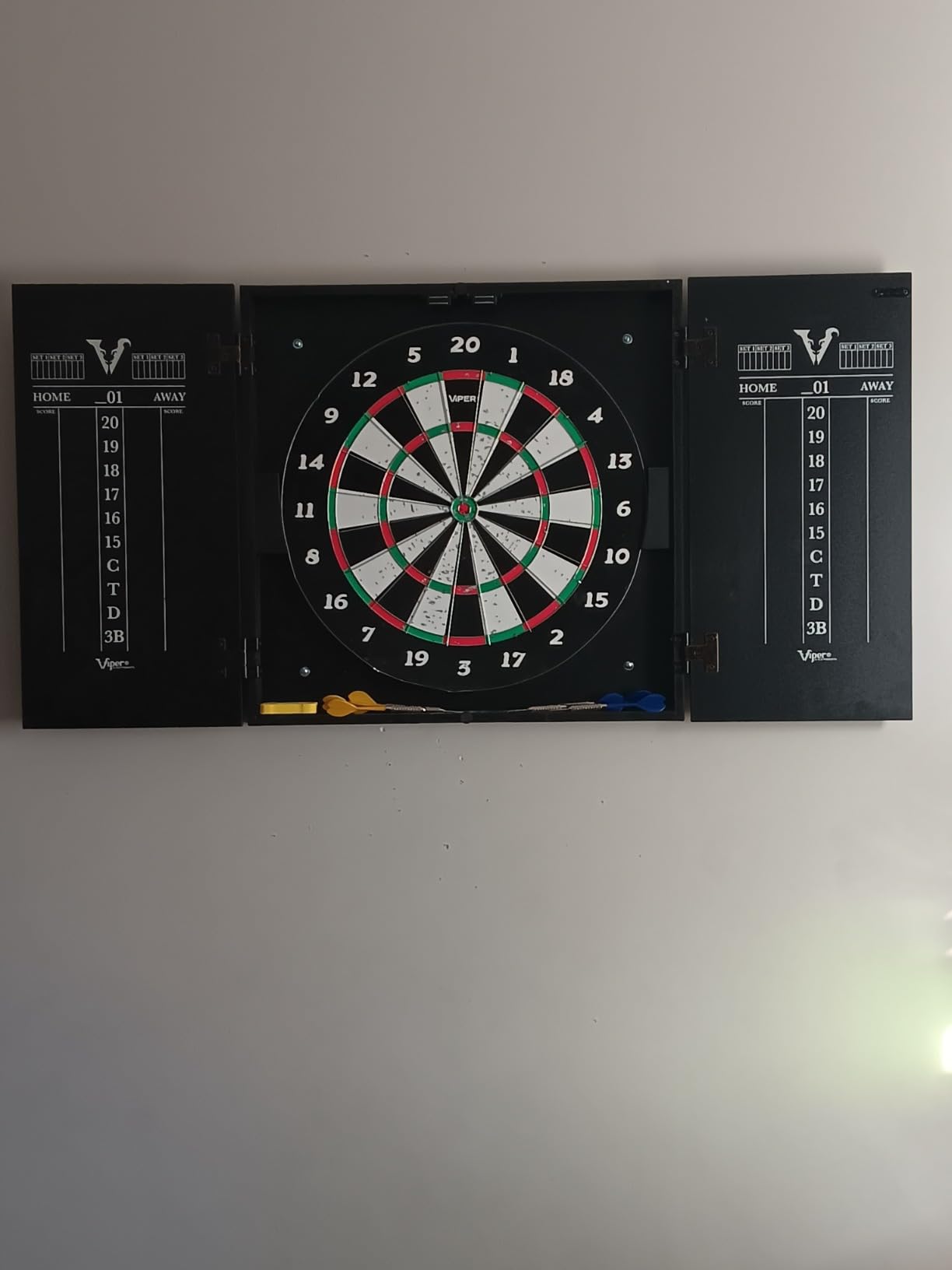 Viper Hideaway Dartboard Cabinet Set with Steel-Tip Dart Board, Reversible Board with Baseball Game Option, Two Sets of Darts, Chalk Scoreboards, and Matte Black Finish customer photo 1