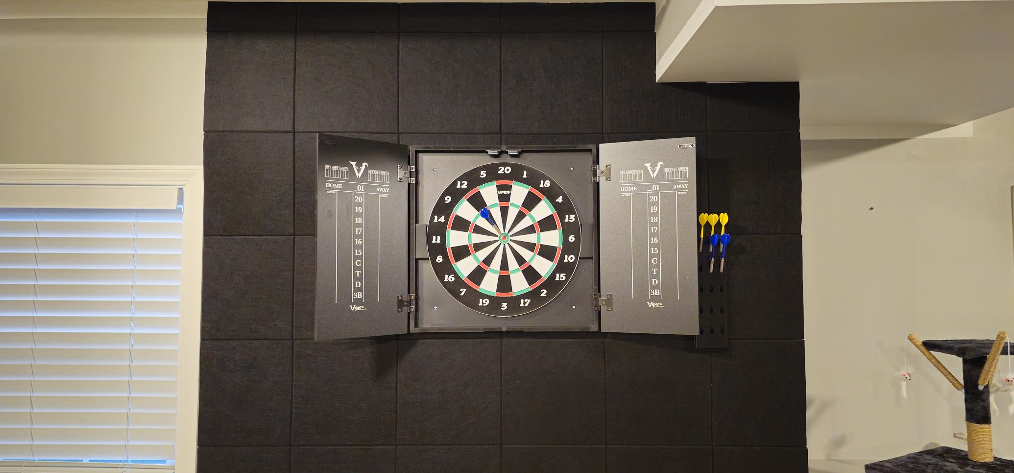 Viper Hideaway Dartboard Cabinet Set with Steel-Tip Dart Board, Reversible Board with Baseball Game Option, Two Sets of Darts, Chalk Scoreboards, and Matte Black Finish customer photo 2