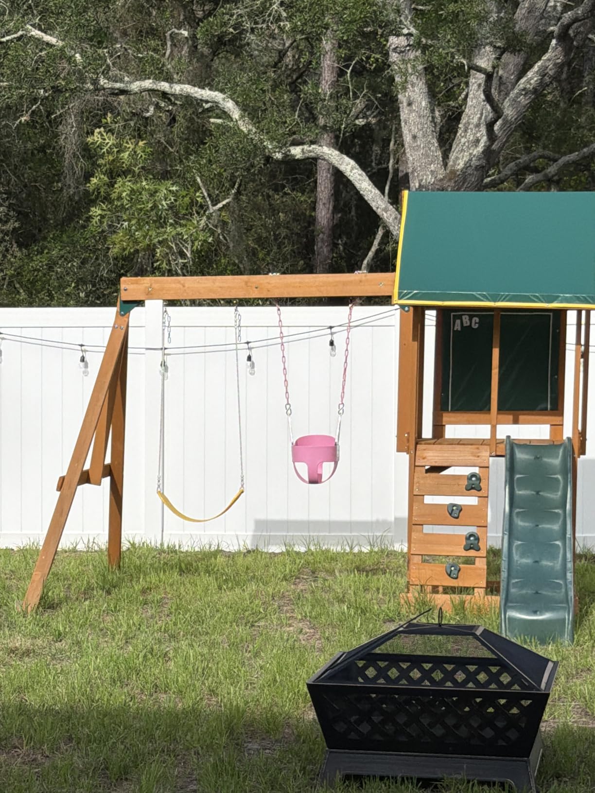 KidKraft Appleton Wooden Swing Set, (Amazon Exclusive) | Rock Wall, Wavy Slide, Vinyl Canopy, 2 Swings, Sandbox Area, For Ages 3+ customer photo 1