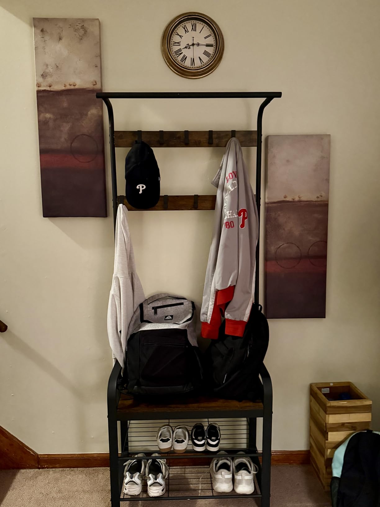 VASAGLE Coat Rack, Hall Tree with Shoe Bench, 4-in-1, 9 Removable Hooks | Entryway Bench, 13.3 x 28.3 x 72.1 Inches, a Hanging Rod, Rustic Brown and Black, DACEY Collection UHSR40B customer photo 1