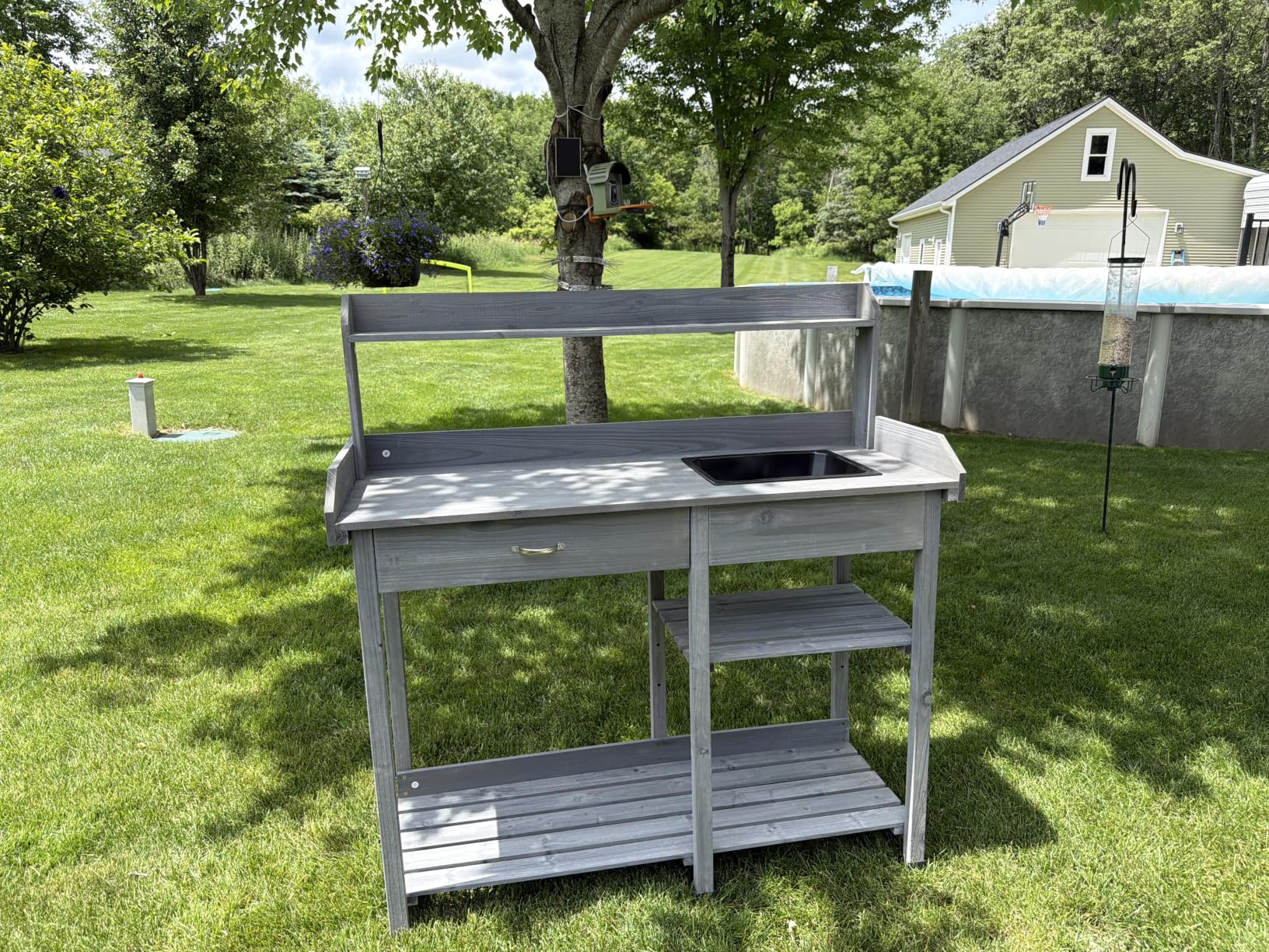 Yaheetech Potting Bench with Sink & Drawer, Outdoor Gardening Table, Wood | Fir wood planting table with 132 lb weight capacity, basin, storage drawer, shelves and hooks keeps pots and tools organized. customer photo 1