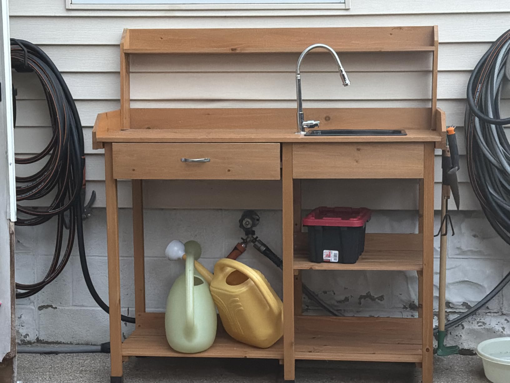Yaheetech Potting Bench with Sink & Drawer, Outdoor Gardening Table, Wood | Fir wood planting table with 132 lb weight capacity, basin, storage drawer, shelves and hooks keeps pots and tools organized. customer photo 2