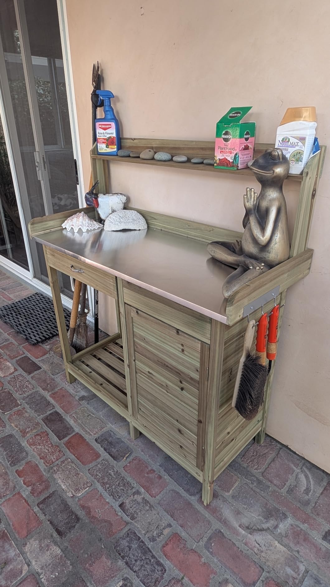 Yaheetech Potting Bench Outdoor Potting Table with Storage,Natural Wood | Outdoor potting bench with spacious metal tabletop keeps soil and water contained while providing a durable work surface for customer photo 1