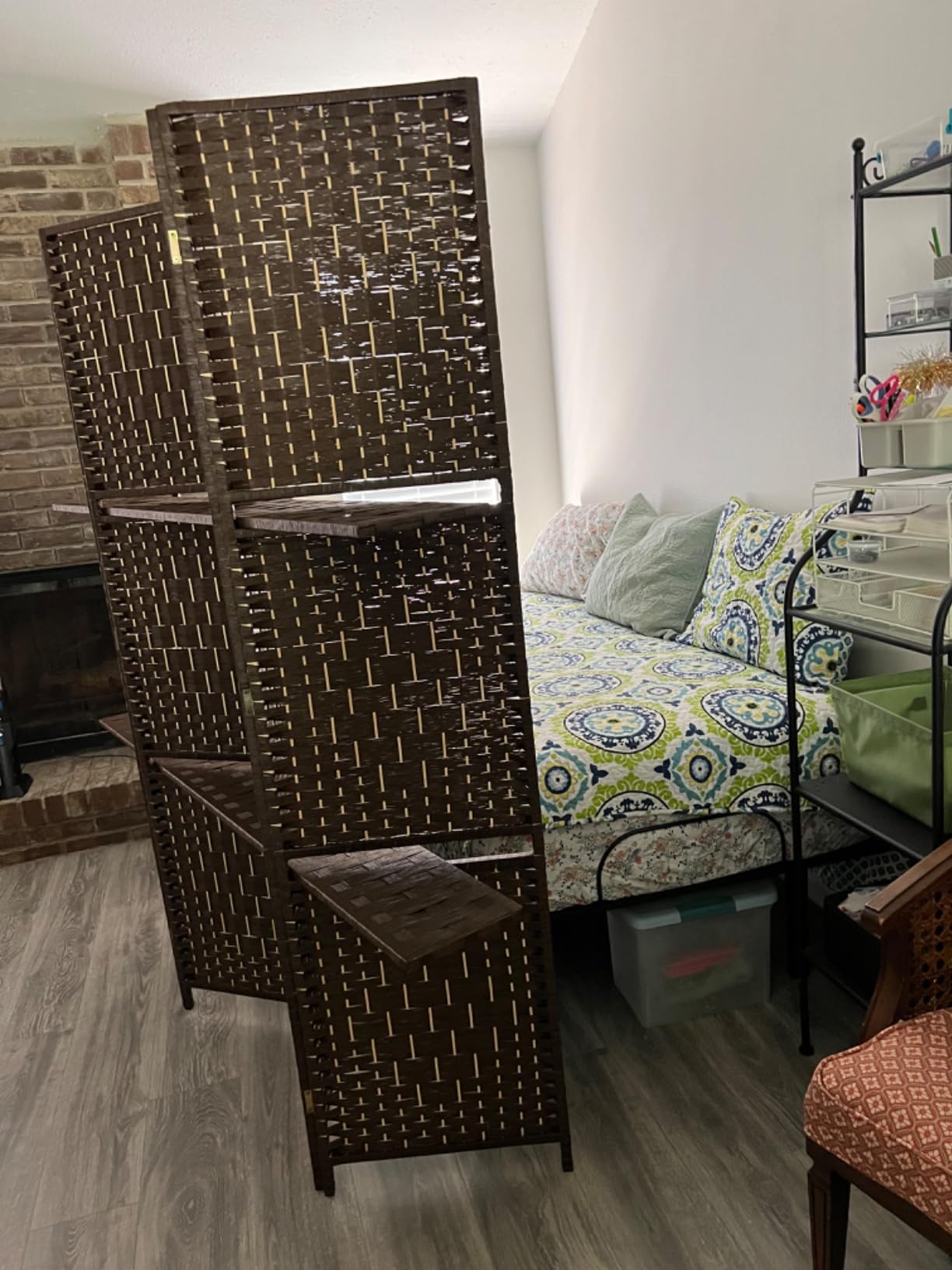 FDW | 4 Panel Folding Room Divider with Shelves | 5.9ft, Brown | Wooden Wall Divider | Hand Woven Mesh customer photo 1