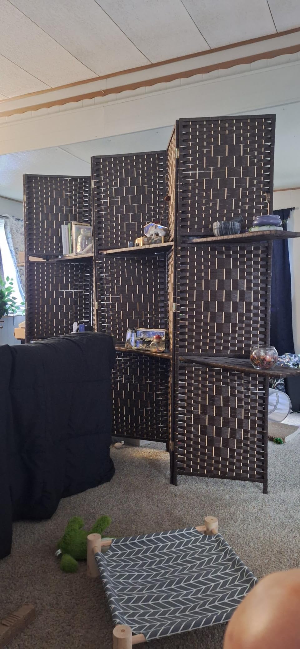 FDW | 4 Panel Folding Room Divider with Shelves | 5.9ft, Brown | Wooden Wall Divider | Hand Woven Mesh customer photo 2