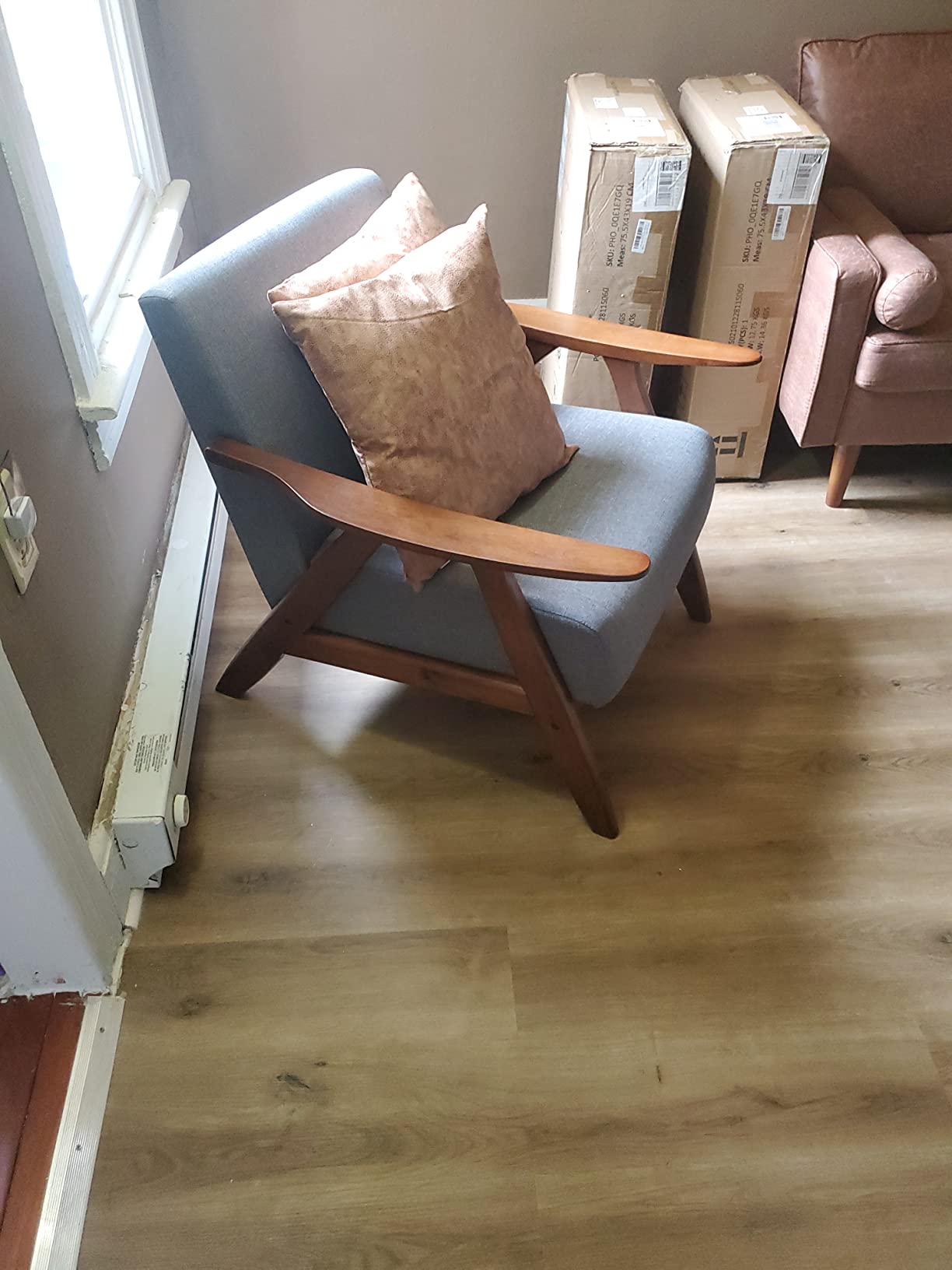 Lexicon Mid Century Modern Accent Chair with Walnut Wood Frame, Light Brown | Upholstered Living Room Lounge Arm Chair, Thick and Comfy Innerspring Seat Cushion, Linen-Look Fabric customer photo 1