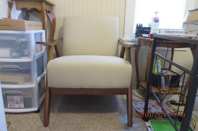 Lexicon Mid Century Modern Accent Chair with Walnut Wood Frame, Light Brown | Upholstered Living Room Lounge Arm Chair, Thick and Comfy Innerspring Seat Cushion, Linen-Look Fabric customer photo 2