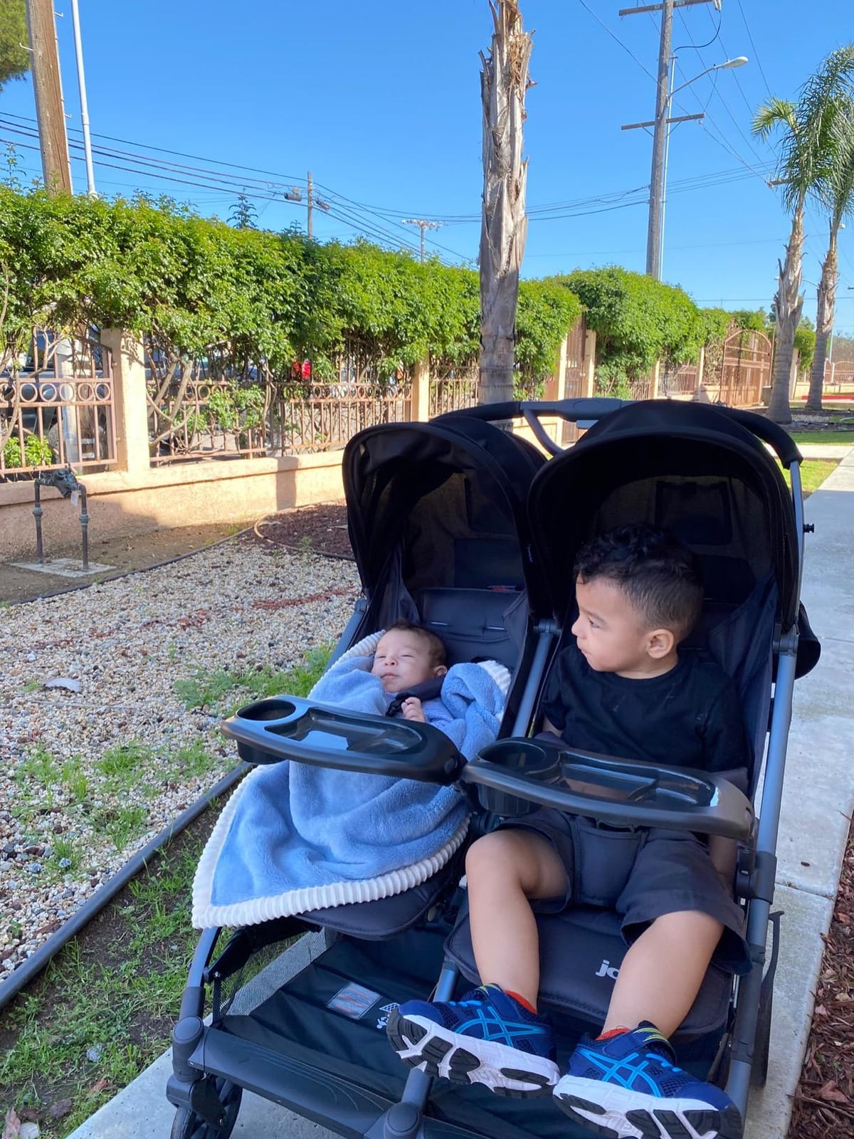 Joovy Kooper X2 Double Stroller, Lightweight Travel Stroller, Compact Fold with Tray, Olive | Side-by-Side Seats, Adjustable Leg Rests, Big Wheels for Smooth Ride, Snack Trays, Easy One-Handed Fold customer photo 2