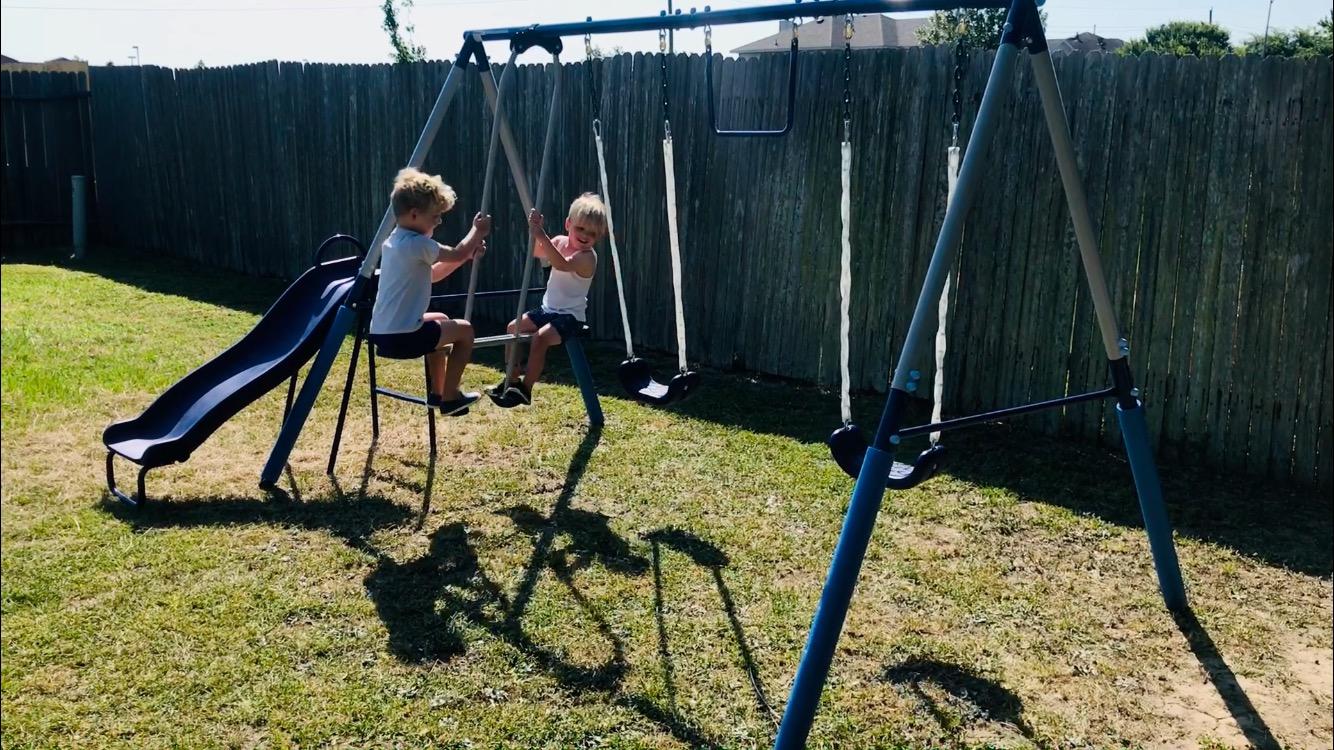 Sportspower Arcadia Metal Swing Set for Kids - Trapeze, 2-Person Glider, 5ft Slide, Anchor Kit, 6.1ft Durable Steel Frame - Outdoor Backyard Playset with 600 lbs Capacity customer photo 1