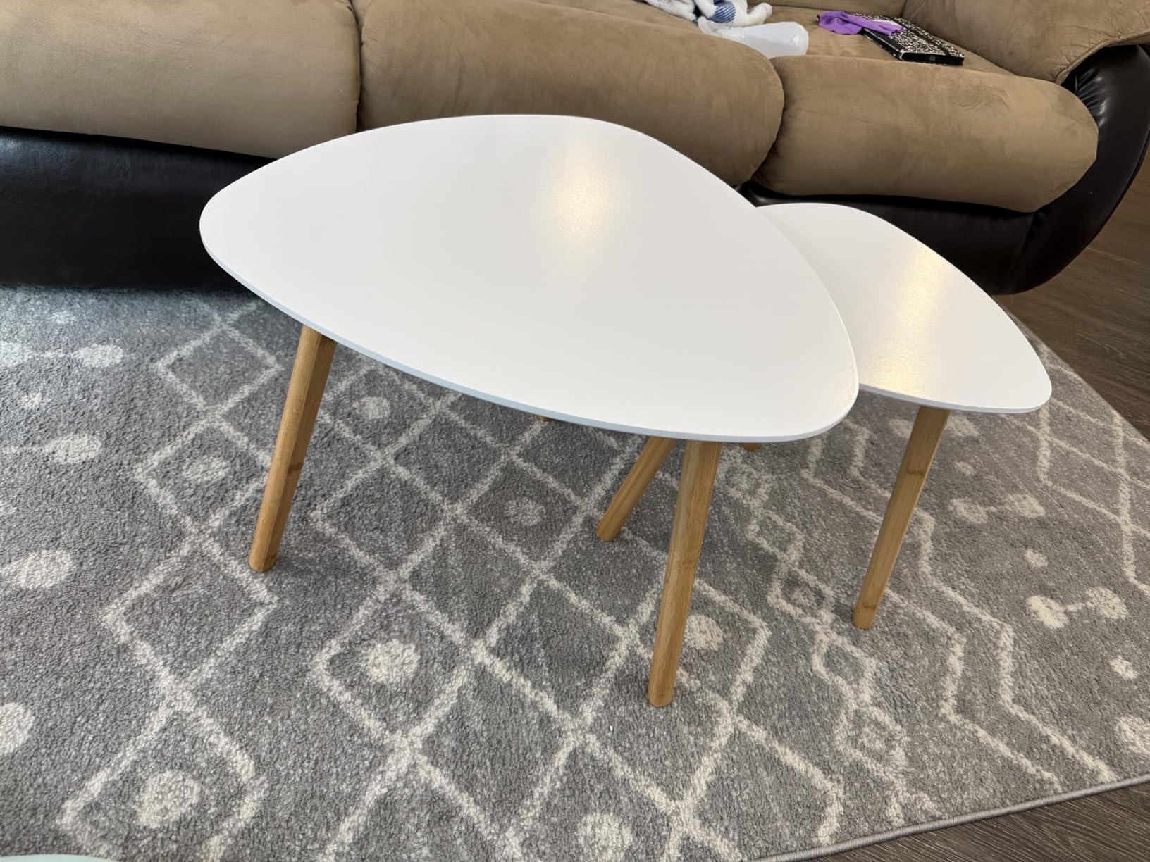 BAMEAS Bamboo Nesting Triangle End Table, Set of 2 Side Table Modern Minimalist Coffee Table for Living Room, Balcony in White customer photo 1