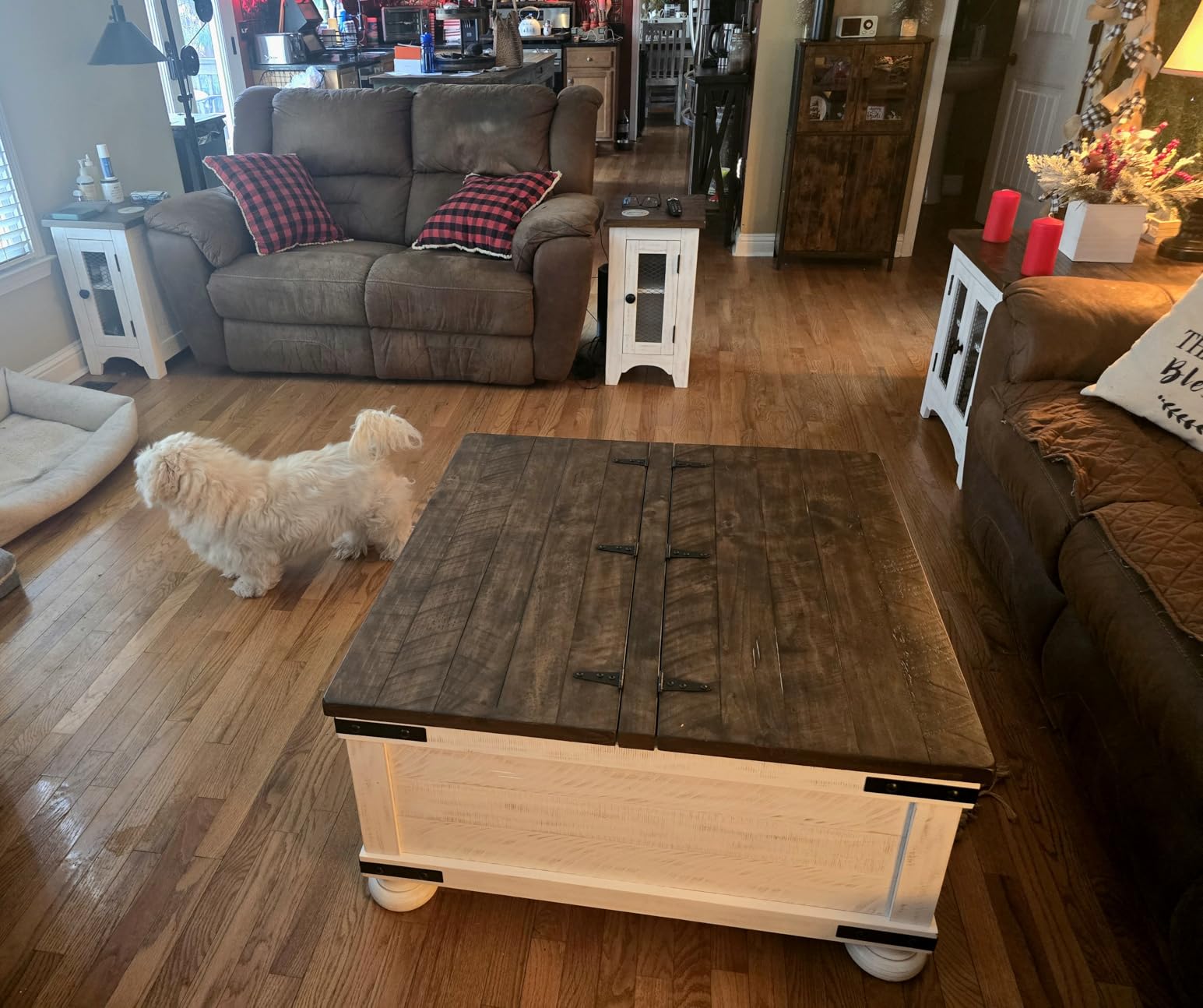 Signature Design by Ashley Lift Top Coffee Table with Storage, Farmhouse | Pine veneers, wood & engineered wood, Split-top spring lift, Hidden trunk storage, 36-in square footprint, Valebeck Series customer photo 1