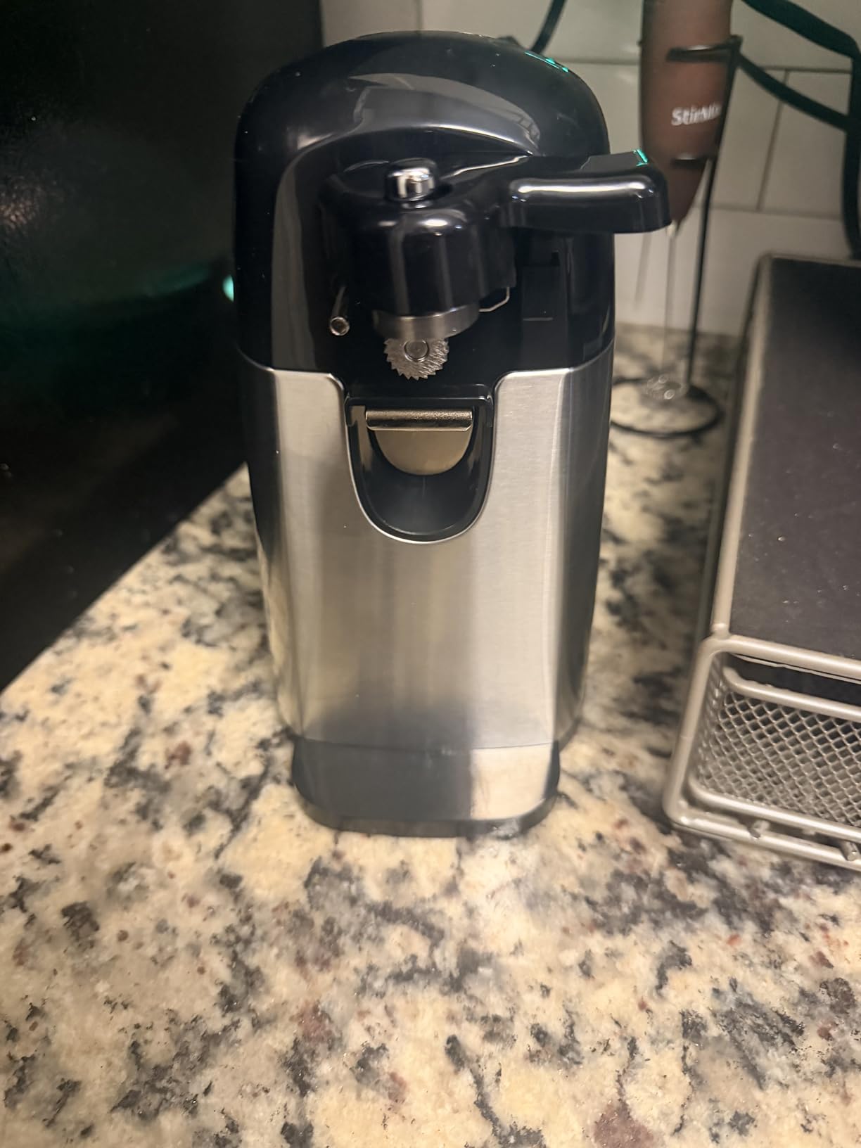 Amazon Basics 3-In-1 Electric Can Opener, Bottle Opener and Knife Sharpener with Stainless Steel Blade, Magnetic Lid Holder, Safe, Easy to Use, Powerful, Sleek Design, 50W, Black customer photo 1