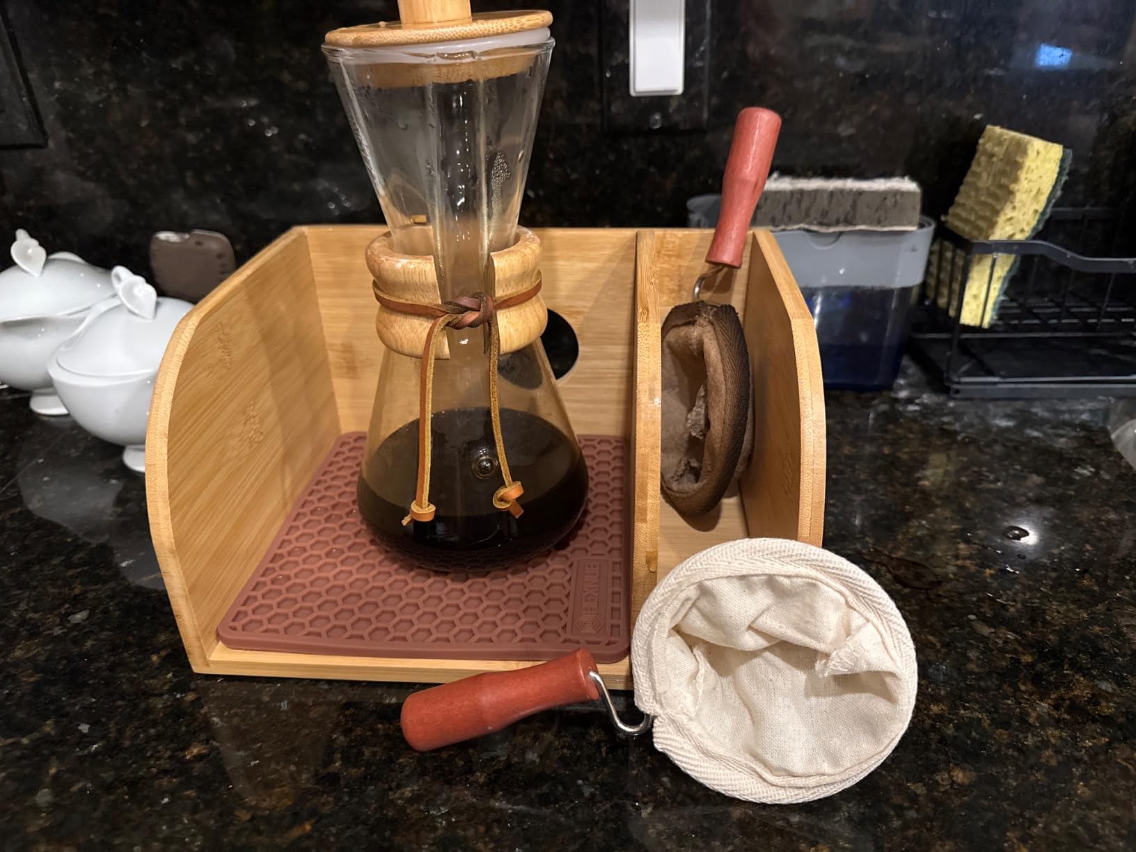 HEXNUB Pour Over Caddy for Chemex Bodum Cosori Coffee Makers Brown | Handmade Bamboo Stand, Filter Holder, Heatproof Mat for a Cleaner Coffee Station customer photo 1