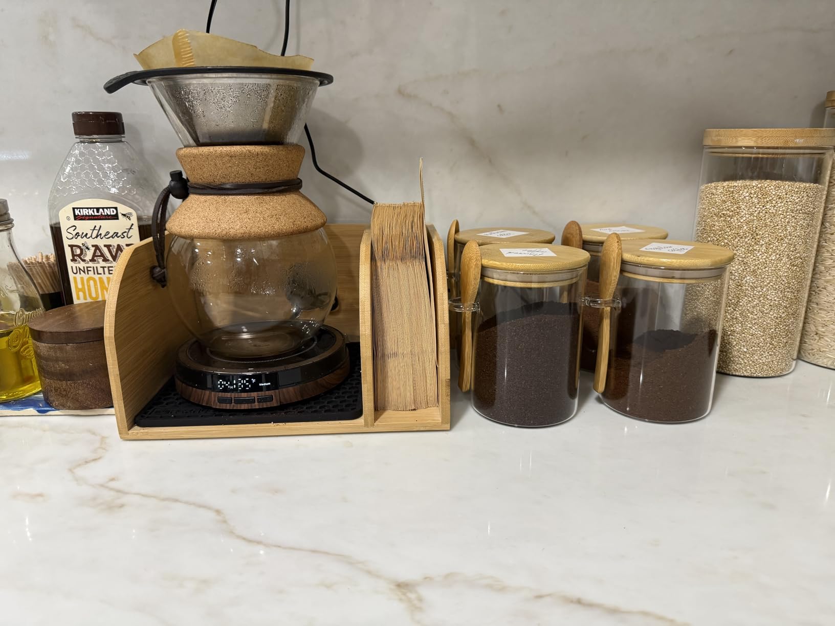 HEXNUB Pour Over Caddy for Chemex Bodum Cosori Coffee Makers Brown | Handmade Bamboo Stand, Filter Holder, Heatproof Mat for a Cleaner Coffee Station customer photo 2