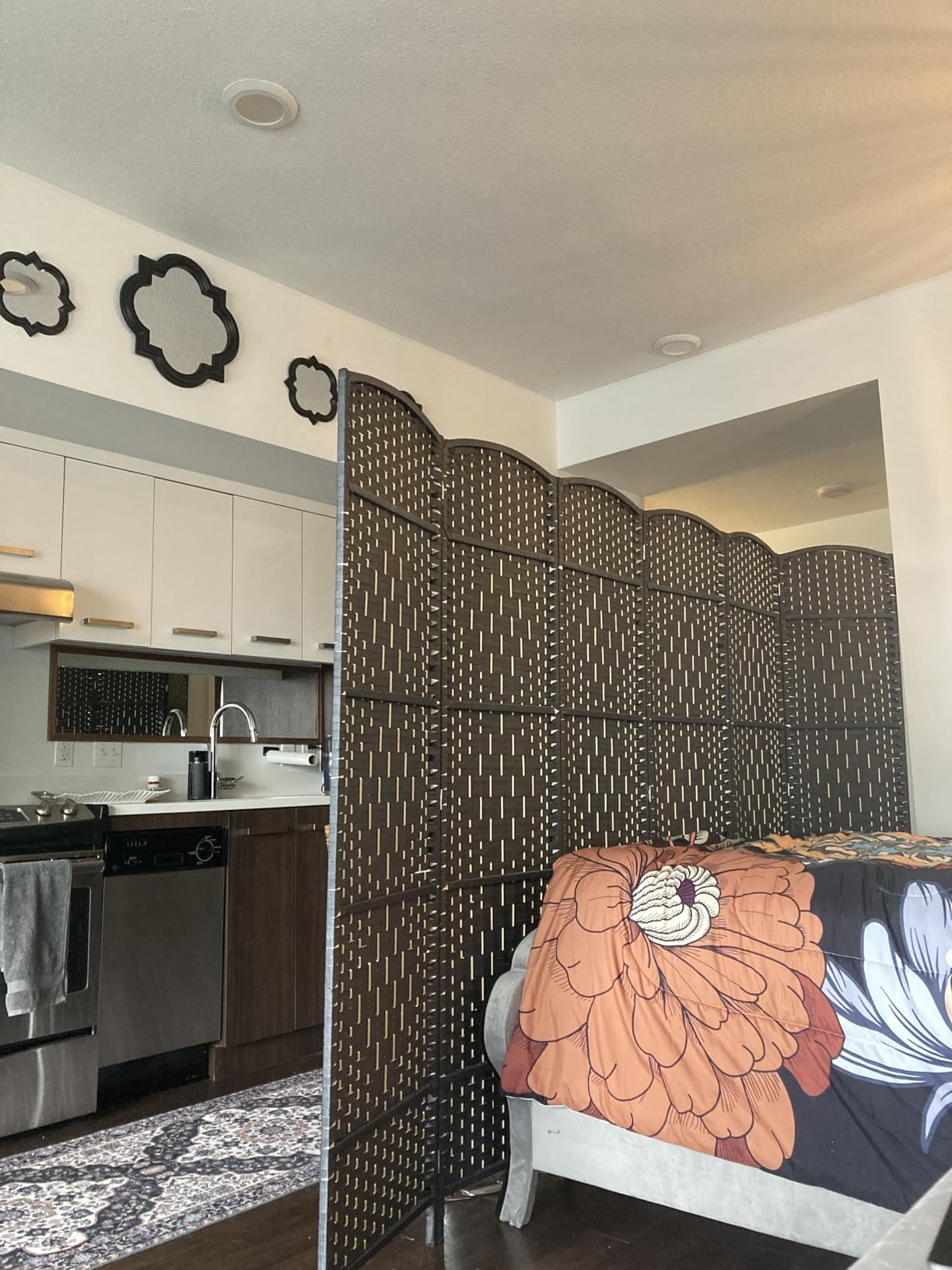 6 Panel Folding Room Divider, Woven Privacy Screen, Light Beige | Solid wood frame, handcrafted diamond pattern, 6FT tall customer photo 2