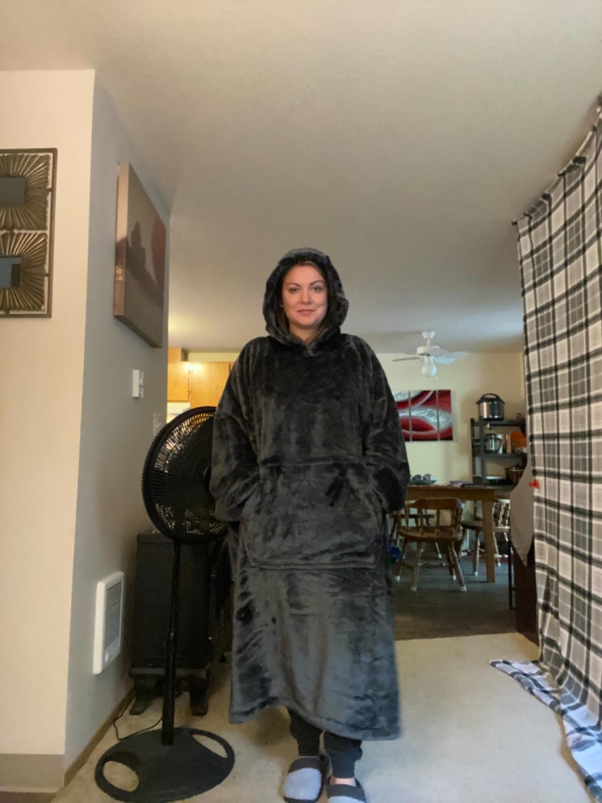 Wearable Blanket Sweatshirt Gifts for Women and Men, Warm and Cozy Giant Blanket Hoodie, Thick Flannel Blanket with Sleeves and Giant Pocket - Dark Gray customer photo 1