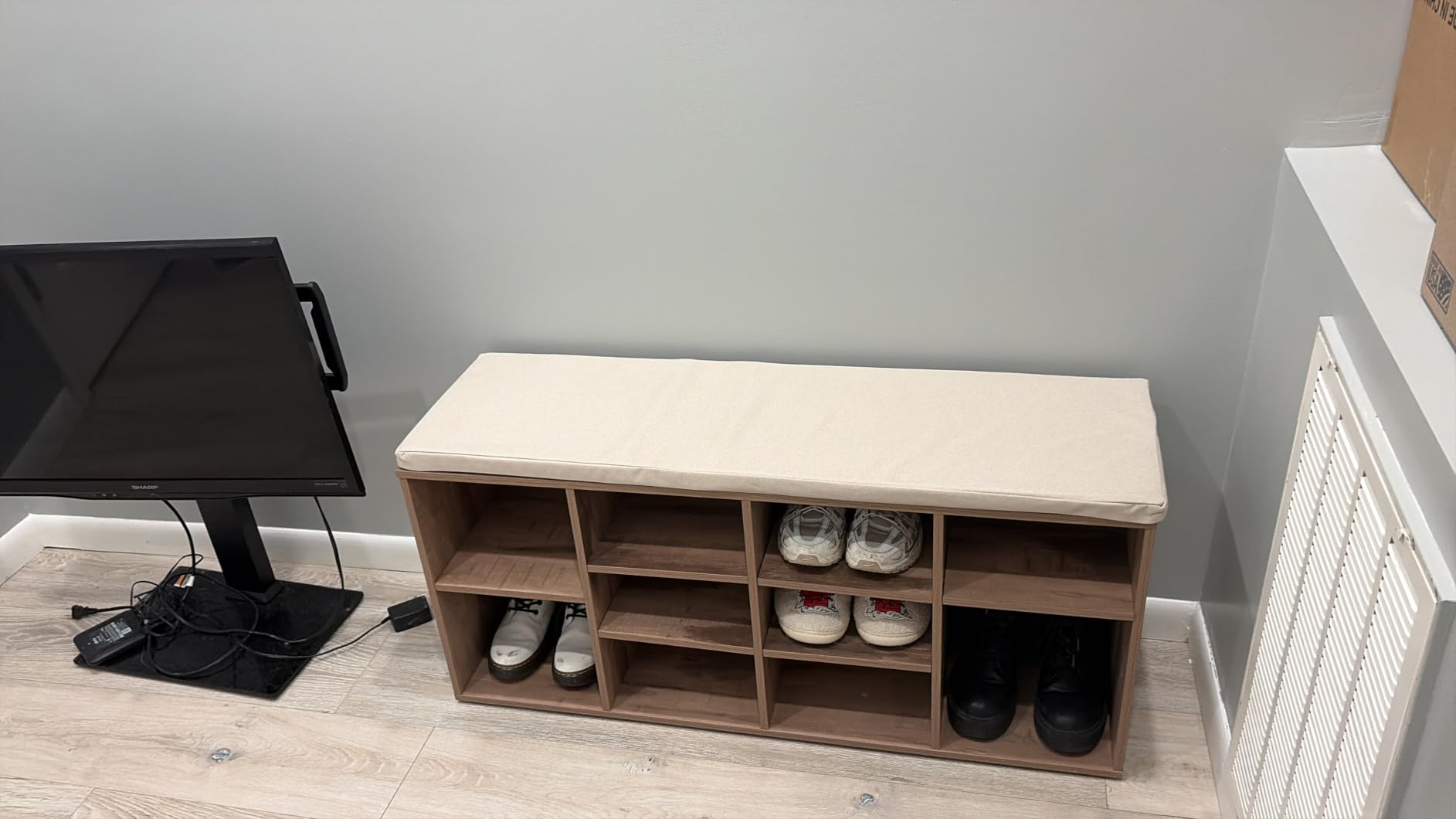 VASAGLE CUSTOS Collection - Shoe Bench, Storage Bench with Padded Seat, Entryway Bench with 15 Compartments, for Bedroom, 11.8 x 41.3 x 18.9 Inches, Cloud White and Dove Gray ULHS15WT customer photo 2