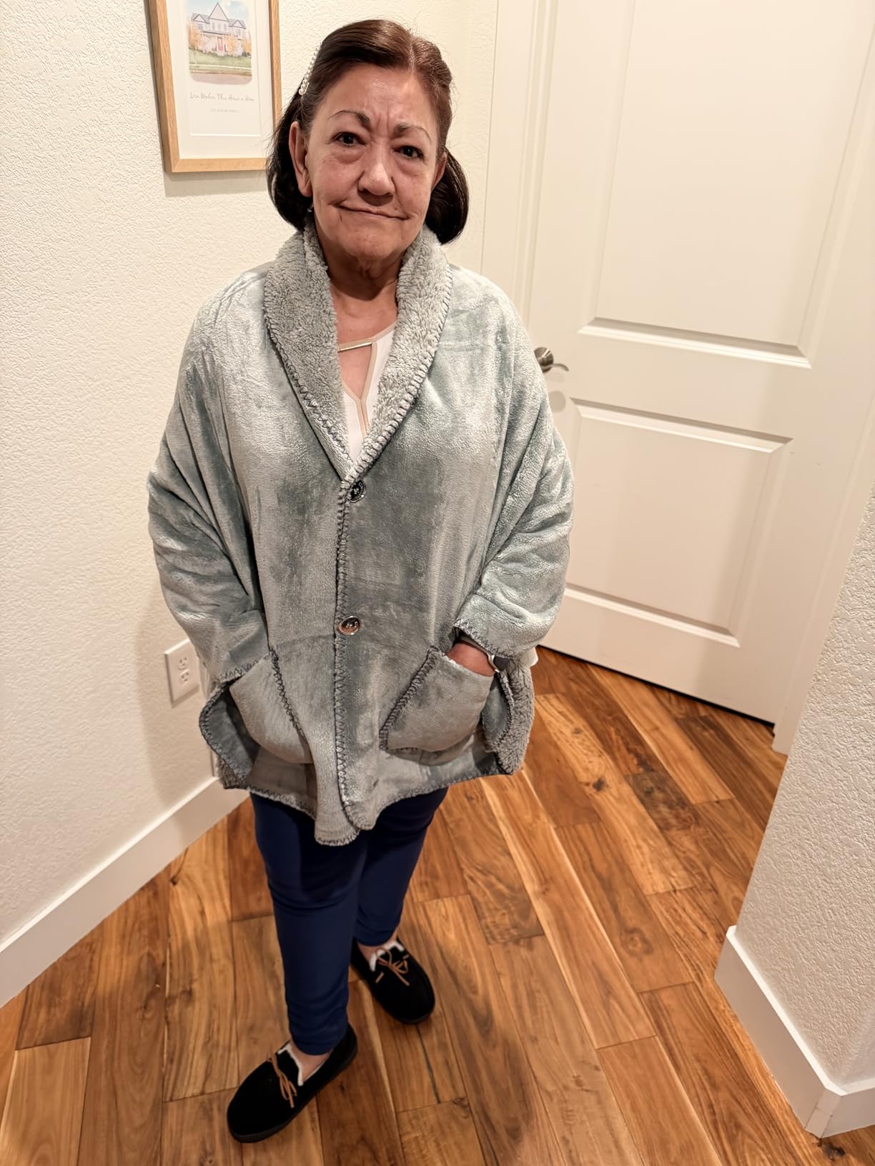 Original Premium Double Layer Poncho Blanket, No Sleeves, Sherpa (Grey) | Easy On-Easy Off comfort with arm freedom and double-layer warmth. Perfect gifts for moms, grandmas, and elderly women customer photo 2
