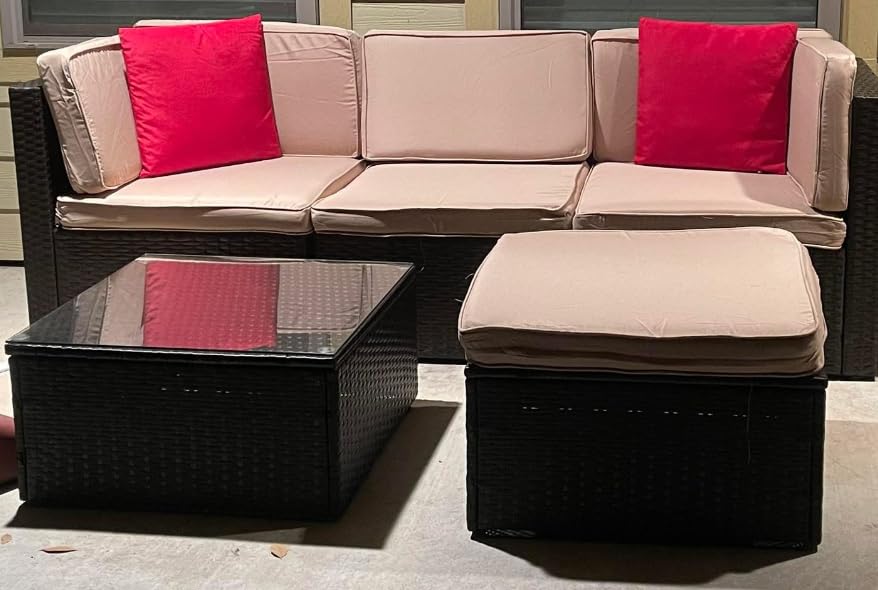 Vongrasig 5 Piece Patio Furniture Sets, Outdoor Patio Set Sectional Sofa | All-Weather PE Rattan Outdoor Couch with Ottoman, Glass Table for Garden, Backyard, Porch, Beige customer photo 2