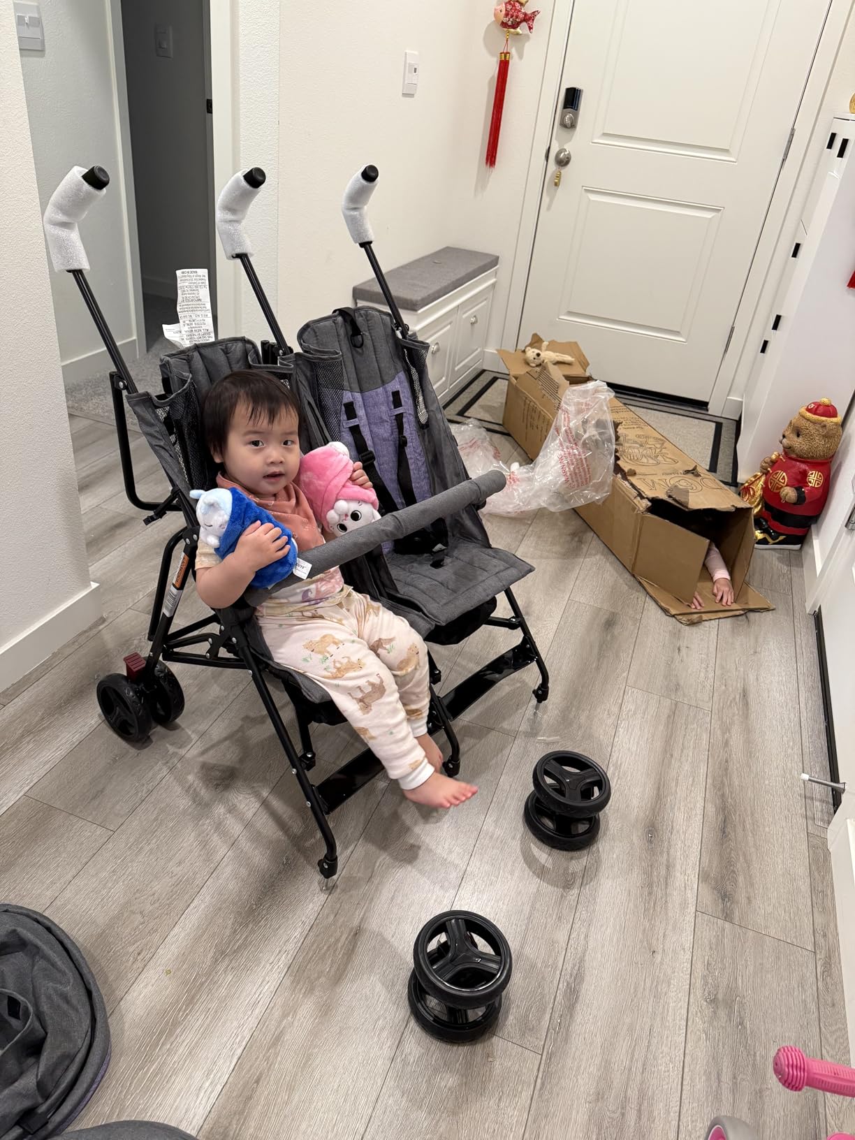 Dream On Me Volgo Side-by-Side Twin Umbrella Toddler Stroller, Black | 5 Point Safety Harness, Smooth Swivel Wheels, Lightweight, Adjustable Double Canopy, Storage Basket, 40 Lb Limit Each Seat customer photo 1