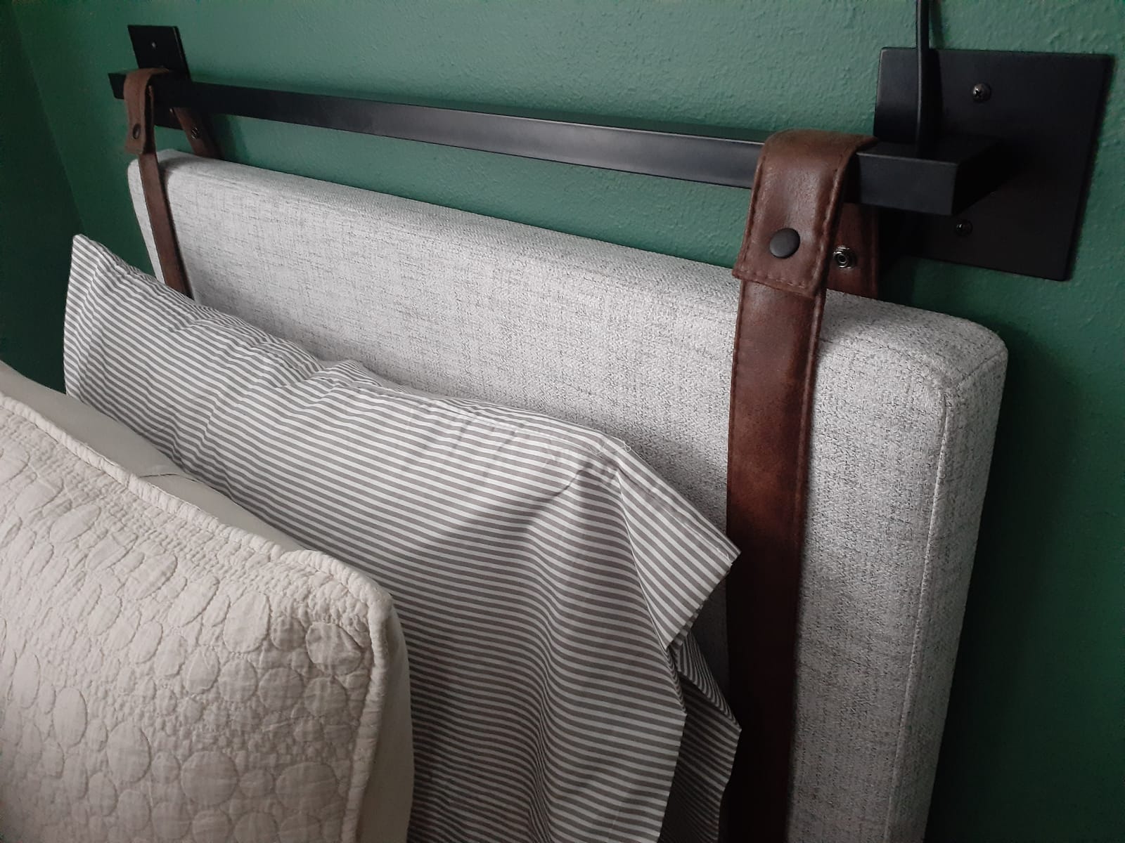 Nathan James Harlow Modern Wall Mount Hanging Headboard, King, Gray with Brown Faux Leather Straps customer photo 1