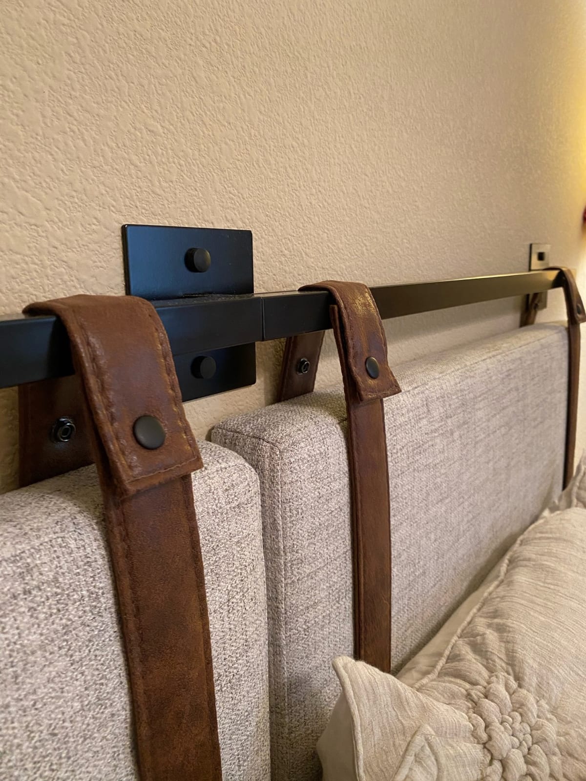 Nathan James Harlow Modern Wall Mount Hanging Headboard, King, Gray with Brown Faux Leather Straps customer photo 2