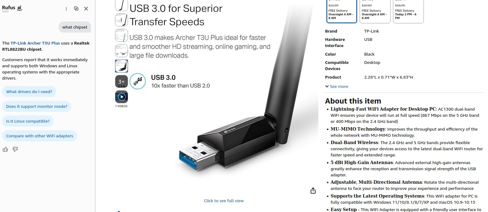 TP-Link USB WiFi Adapter for Desktop PC, AC1300 Dual Band PC WiFi Antenna | USB 3.0 Wireless Network Adapter with High Gain Antenna, MU-MIMO, Win 11/10/8.1/8/7/XP, Mac OS 10.9-10.15 (Archer T3U Plus) customer photo 1