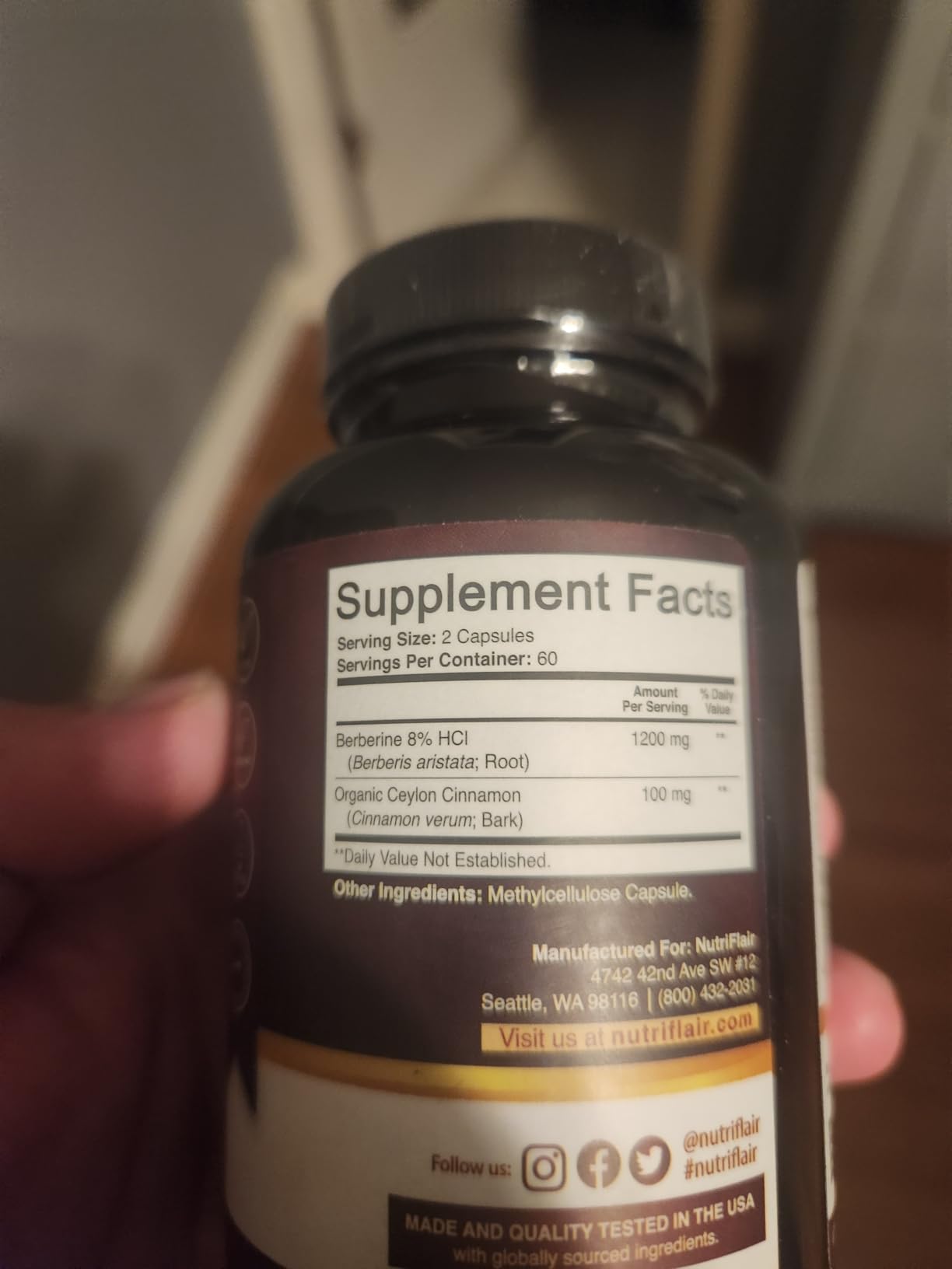 NutriFlair Berberine HCl 1200mg, 120 Capsules - Plus Ceylon Cinnamon, Berberine HCI Root Supplements Pills - Made in USA customer photo 2