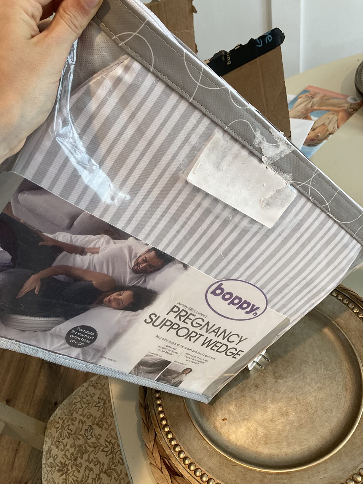 Boppy Wedge Pregnancy Pillow - Compact Support Wedge Maternity Pillow for Back, Knees, Pelvic Floor at Home, Office & Travel with Washable Knit Cover - Gray Modern Stripe customer photo 2