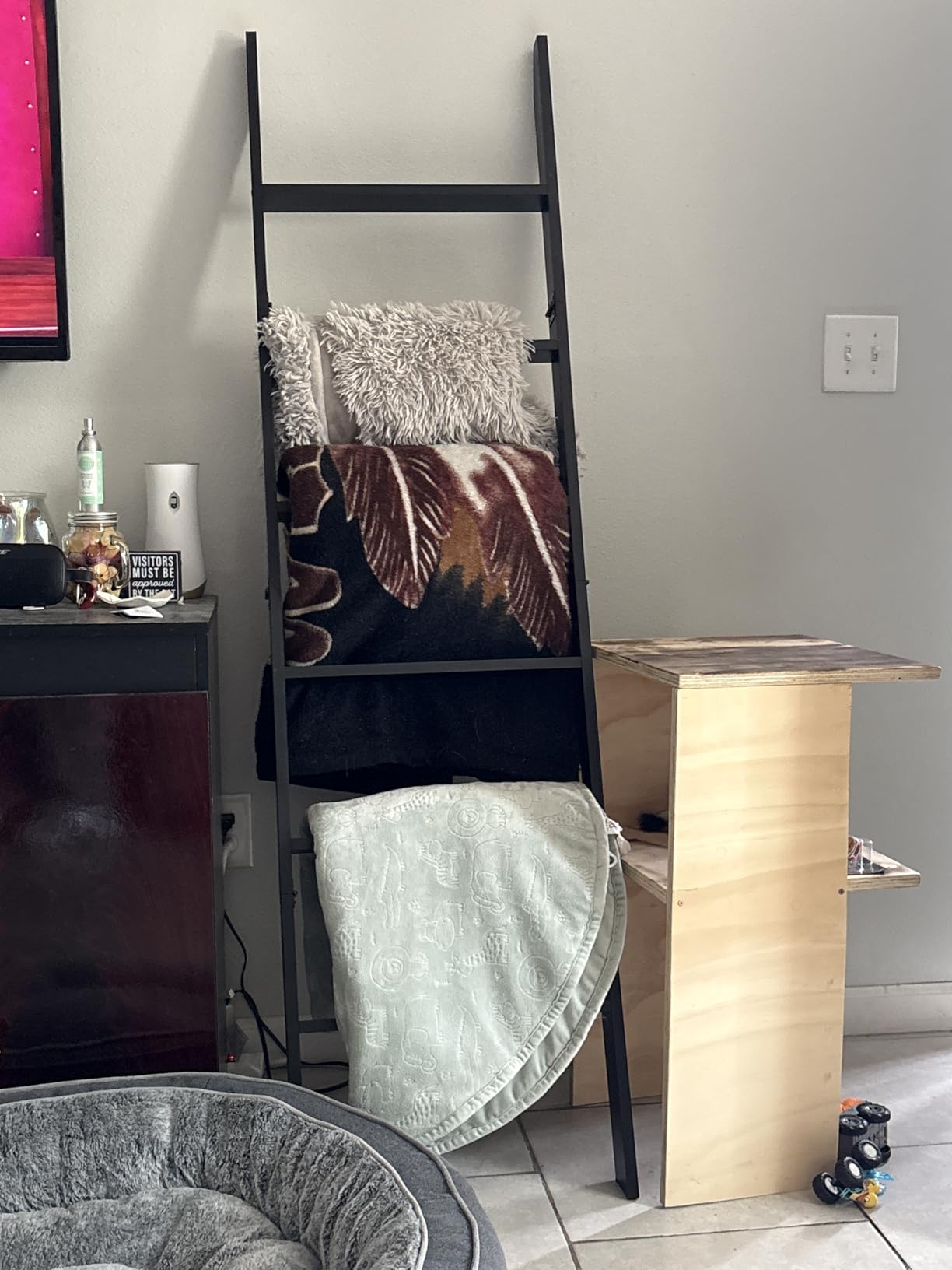 Blanket Ladder for the Living Room and Bedroom, Quilt Rack, 6-Tier, Black | 5ft 8 inch, Wall Leaning Blanket Holder, Laminate Snag Free, Rustic Decorative Farmhouse Ladder Shelf for Blankets customer photo 1