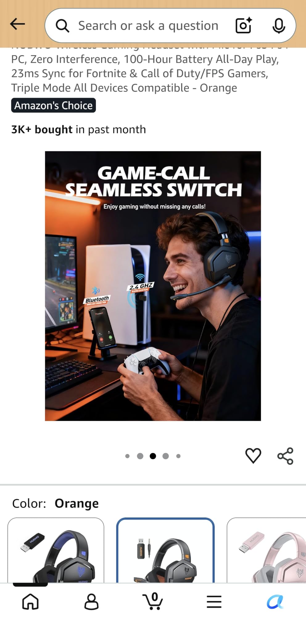 NUBWO Wireless Gaming Headset with Mic for Ps5 Ps4 PC, Zero Interference, 100-Hour Battery All-Day Play, 23ms Sync for Fortnite & Call of Duty/FPS Gamers, Triple Mode All Devices Compatible - Orange customer photo 2