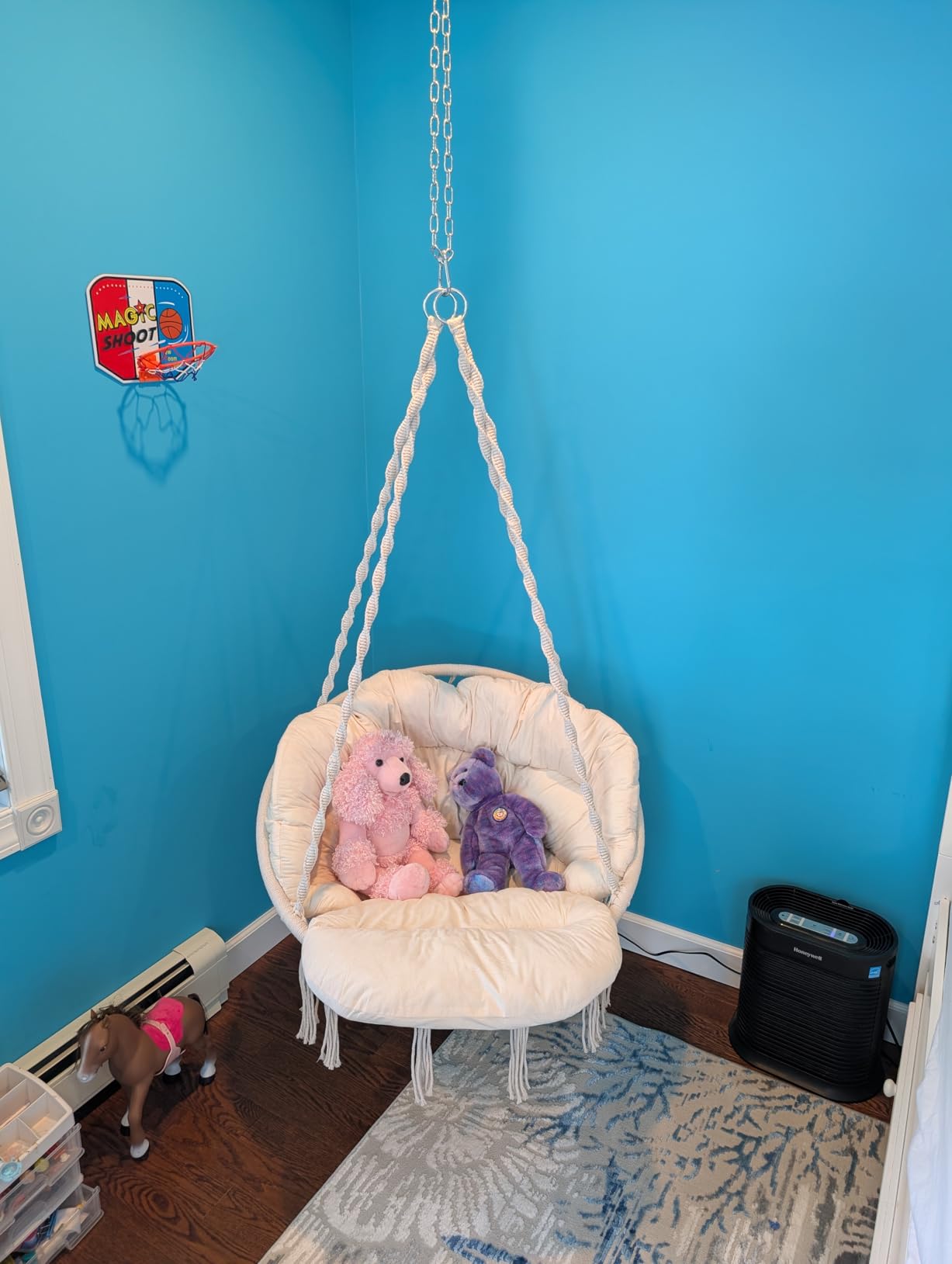 Hammock Chair with Cushion, Handmade Macrame Swing Chair with Hanging Hardware Kits, Bohemian Style Cotton Rope Hanging Chair for Bedroom Indoor Outdoor, Beige customer photo 2
