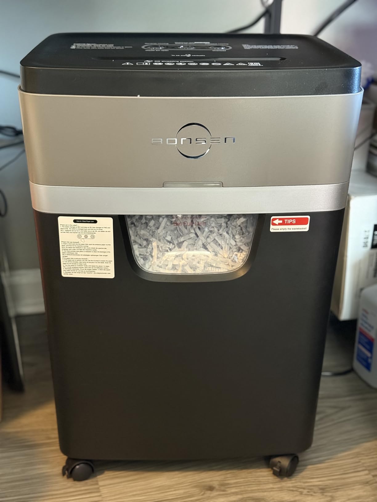 BONSEN 20-Sheet Cross-Cut P-4 High Security Heavy Duty Paper Shredder | 60-Min Nonstop, Jam-Proof, 60dB Ultra-Quiet, 6.6Gal Pullout Bin with Casters, Commercial-Grade Shredder for Home Office S3104 customer photo 1